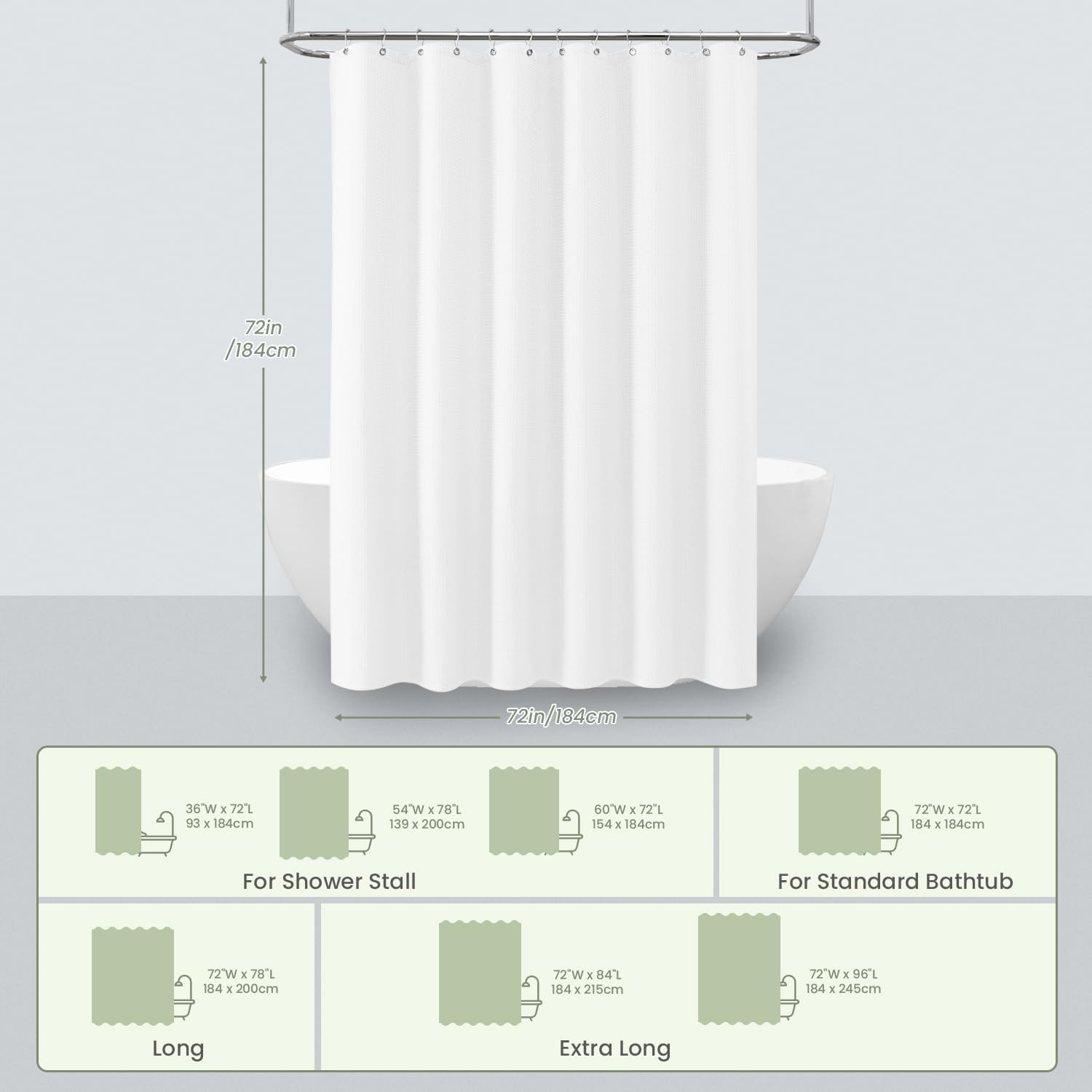Inhousolu Waffle Shower Curtain Set 72x72 White 230 GSM 14 Metal Hooks