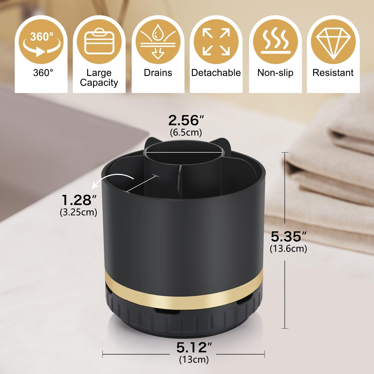 GFWARE Rotating Black Toothbrush Holder with 6 Slots