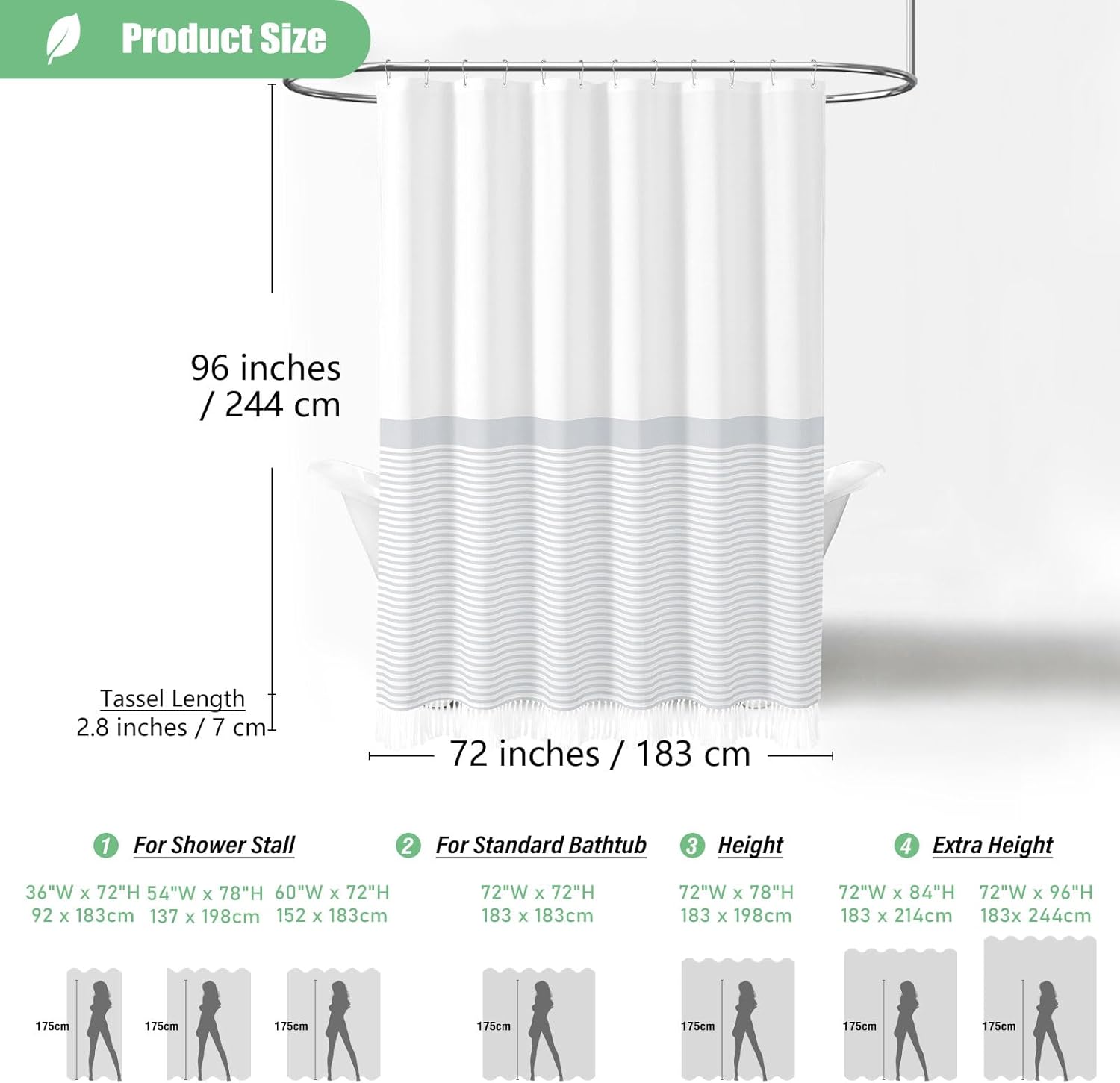 Dynamene Extra Long Farmhouse Grey Striped Shower Curtain Set with Hooks