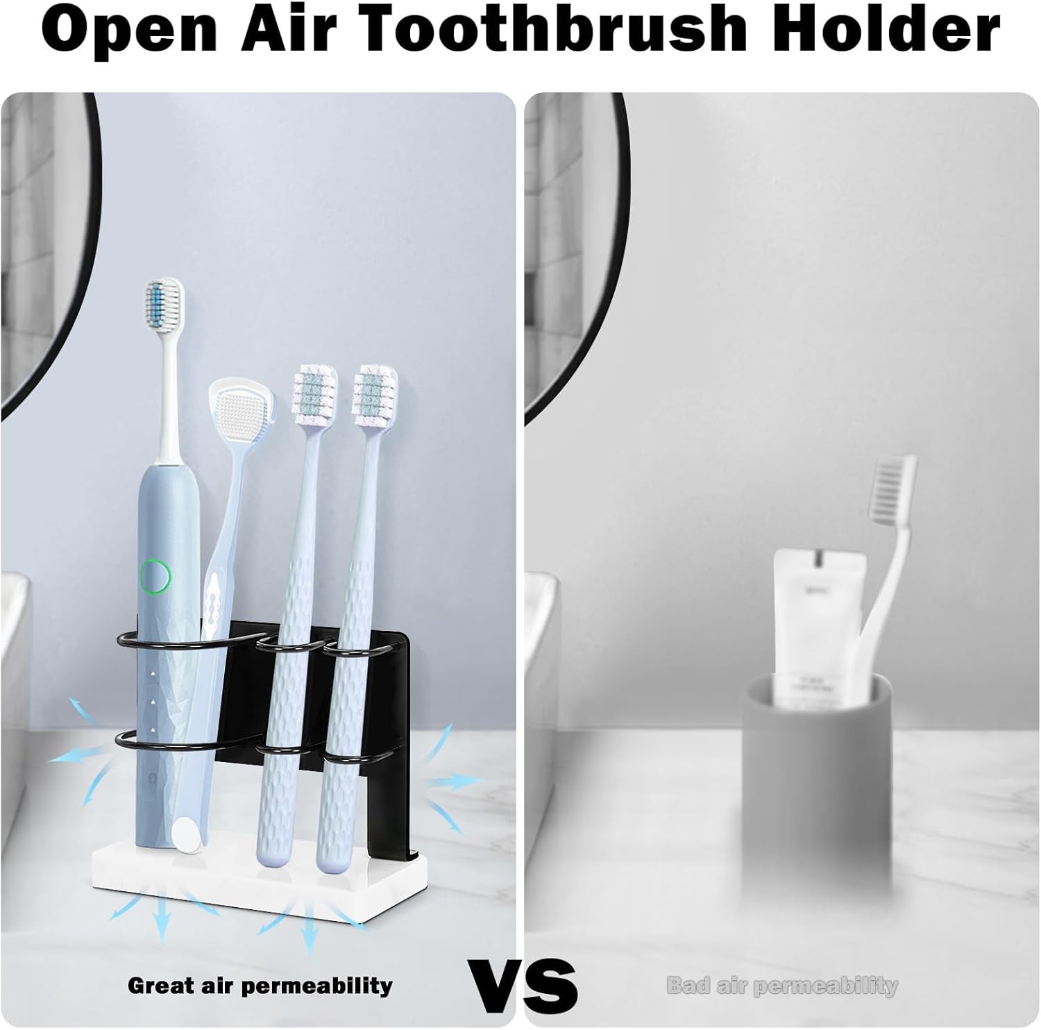 Winmien Toothbrush Holder with Marble Base 3 Slots Matte Black
