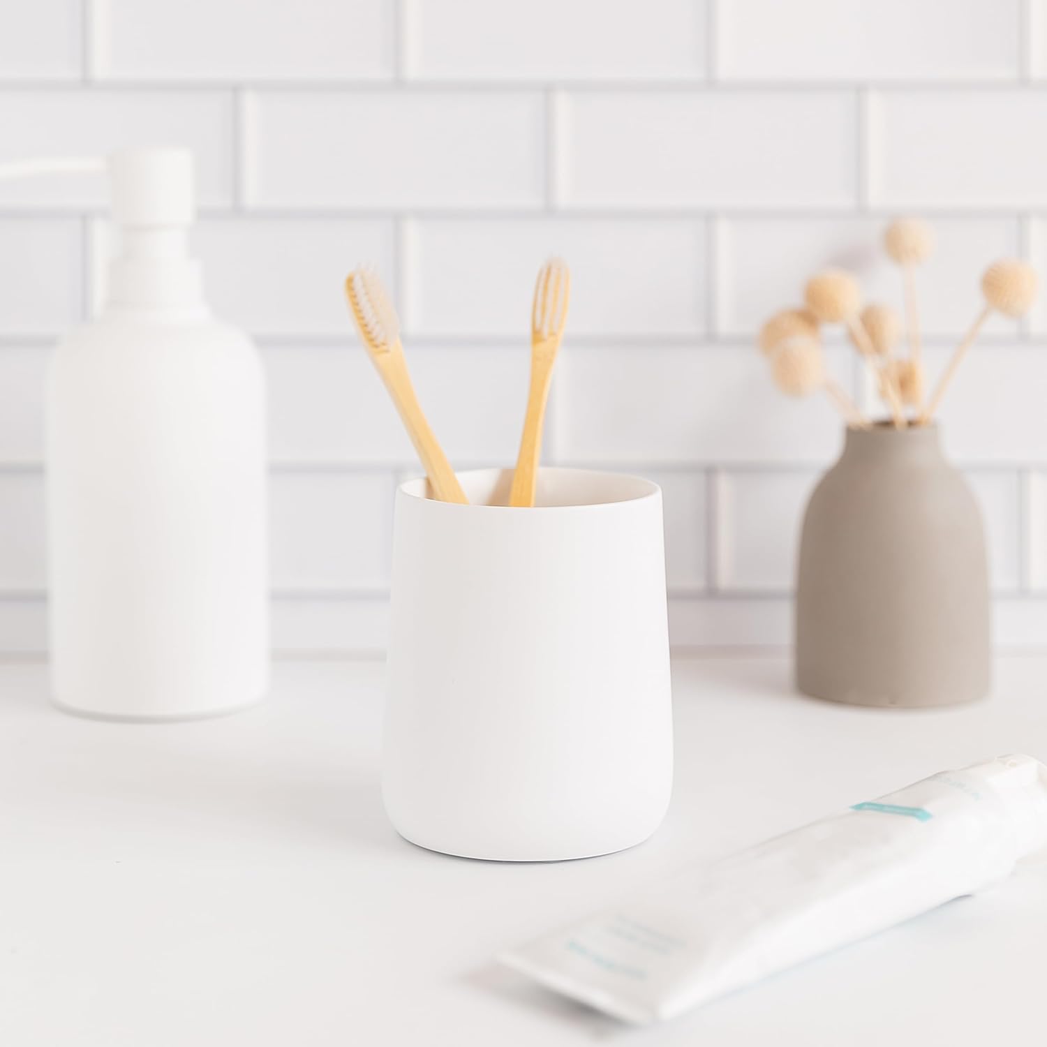 Matte White Toothbrush Holder with Cup and Floss Organizer
