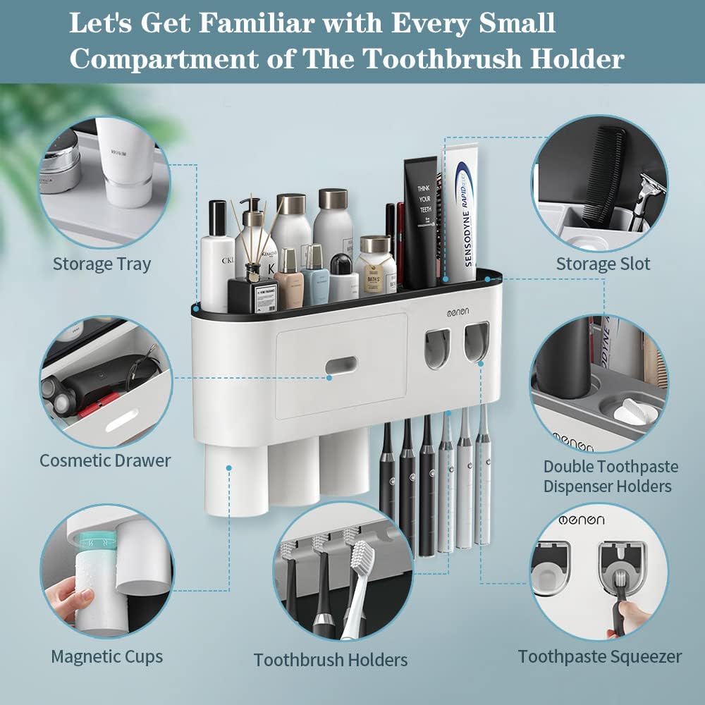 BHeadCat Toothbrush Holder with 2 Toothpaste Dispensers and 6 Brush Slots