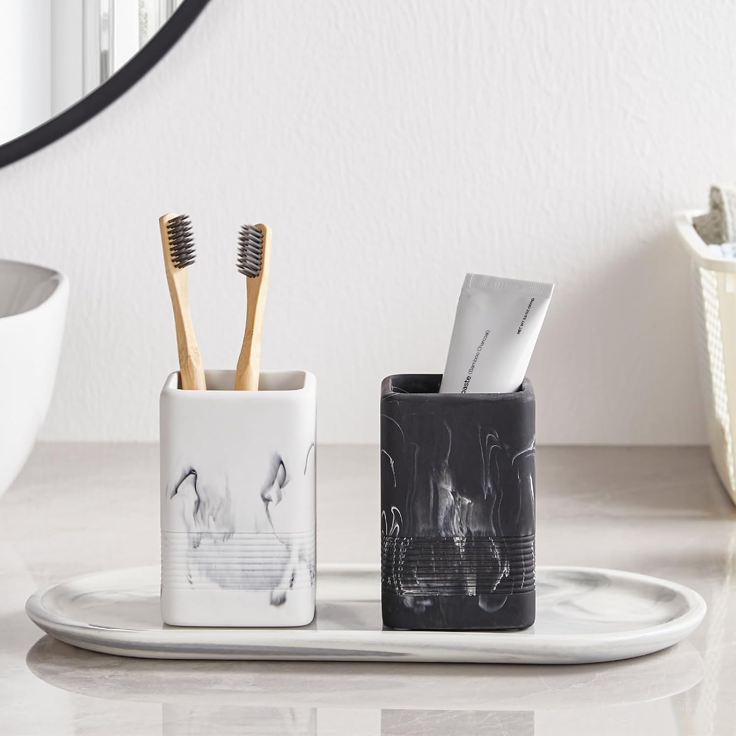 2PCS Resin Toothbrush Holder Set with Marble Design