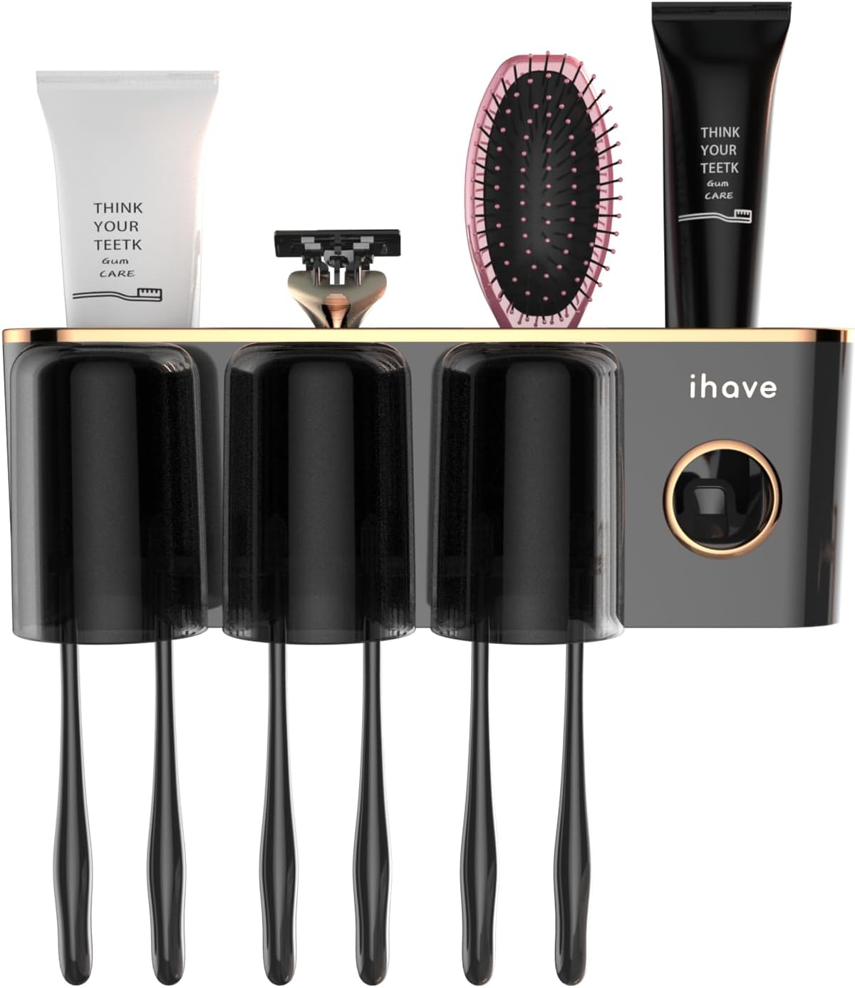 iHave Toothbrush Holder with Toothpaste Dispenser Wall Mounted Bathroom Organizer