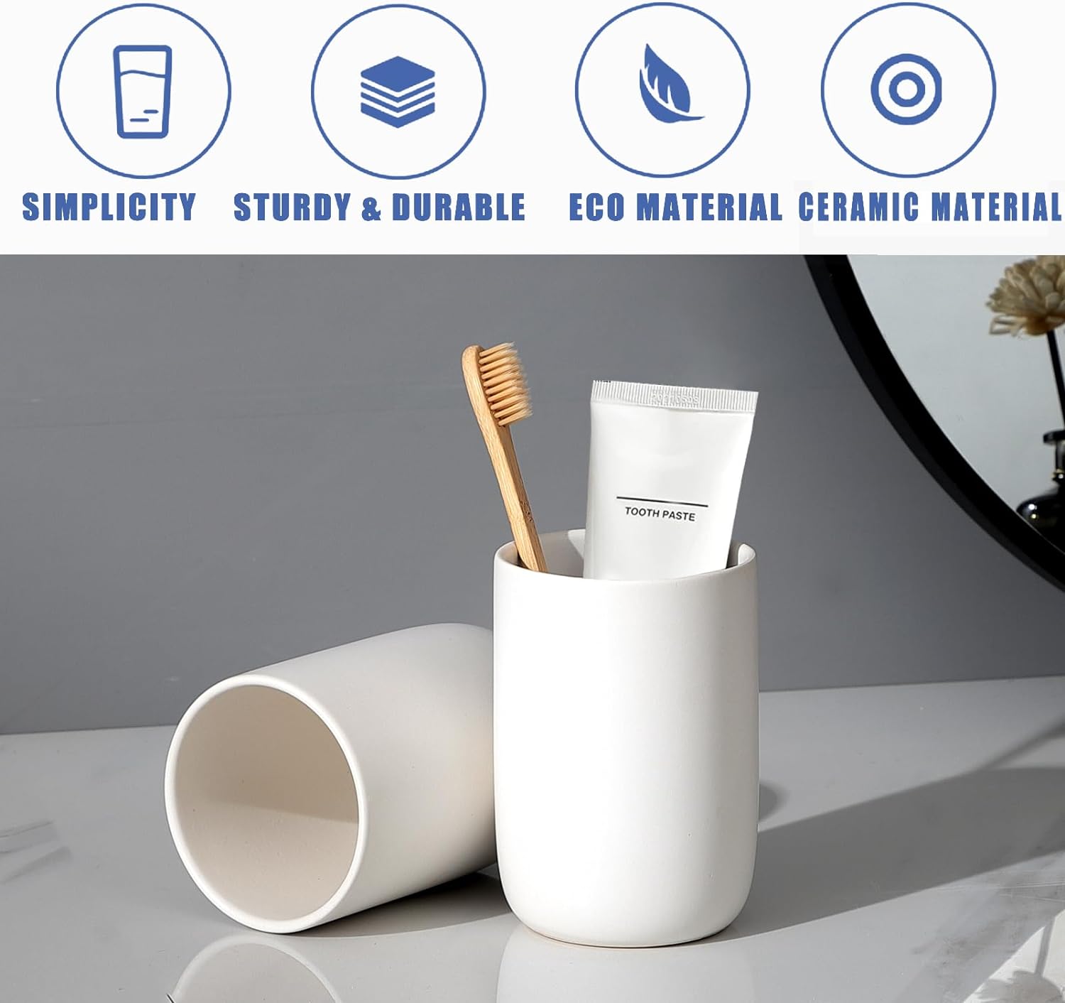 Ceramic Toothbrush Holder Set - 2Pcs White Bathroom Tumbler Cups
