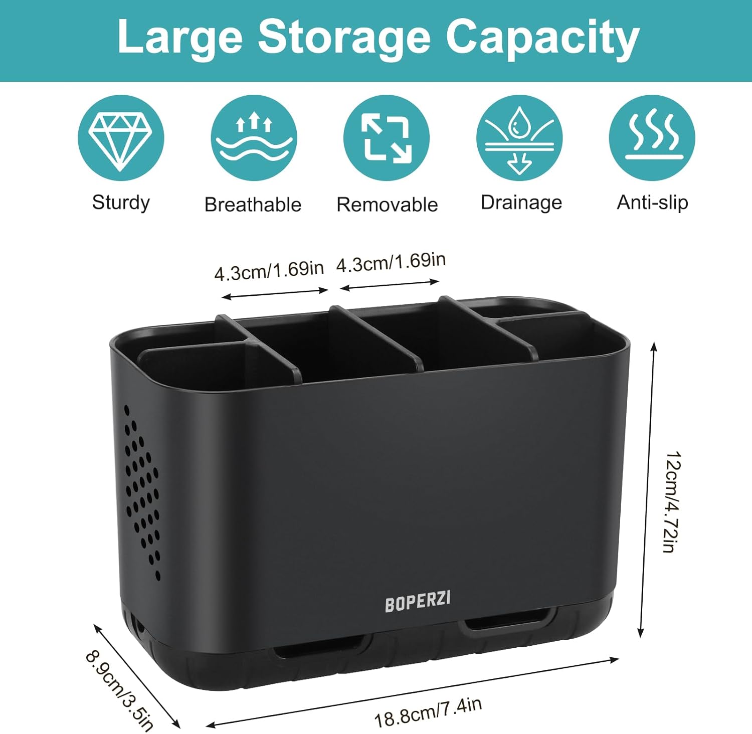 Boperzi 6 Slot Toothbrush Holder with Drainage and Anti-Slip Base Black