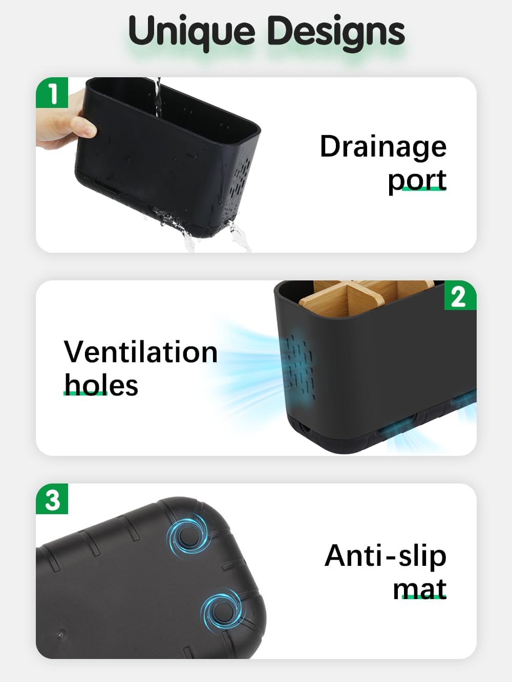 GFWARE Matte Black Toothbrush Holder Set with Drainage and Ventilation