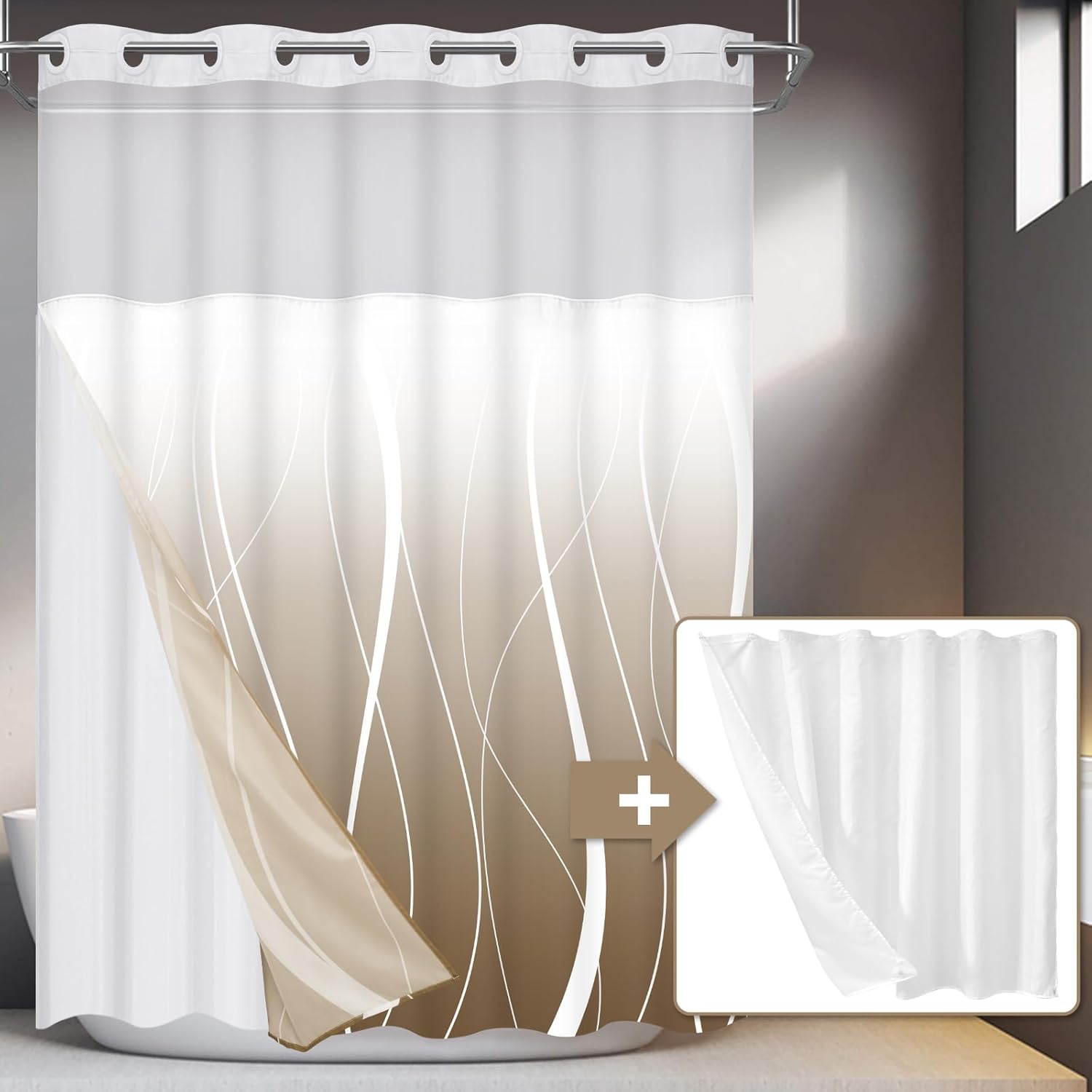 Likiyol Brown Ombre Shower Curtain Set with Snap Liner Waterproof and See Through