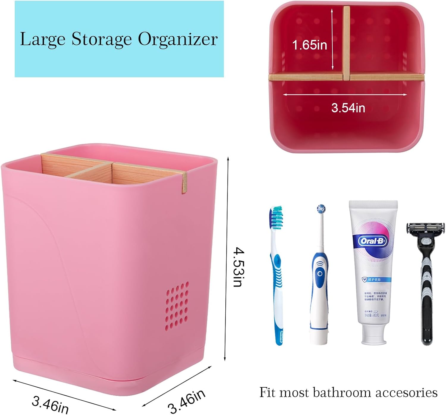 Heagoale Electric Toothbrush Holder with Bamboo Dividers 3 Slots Pink