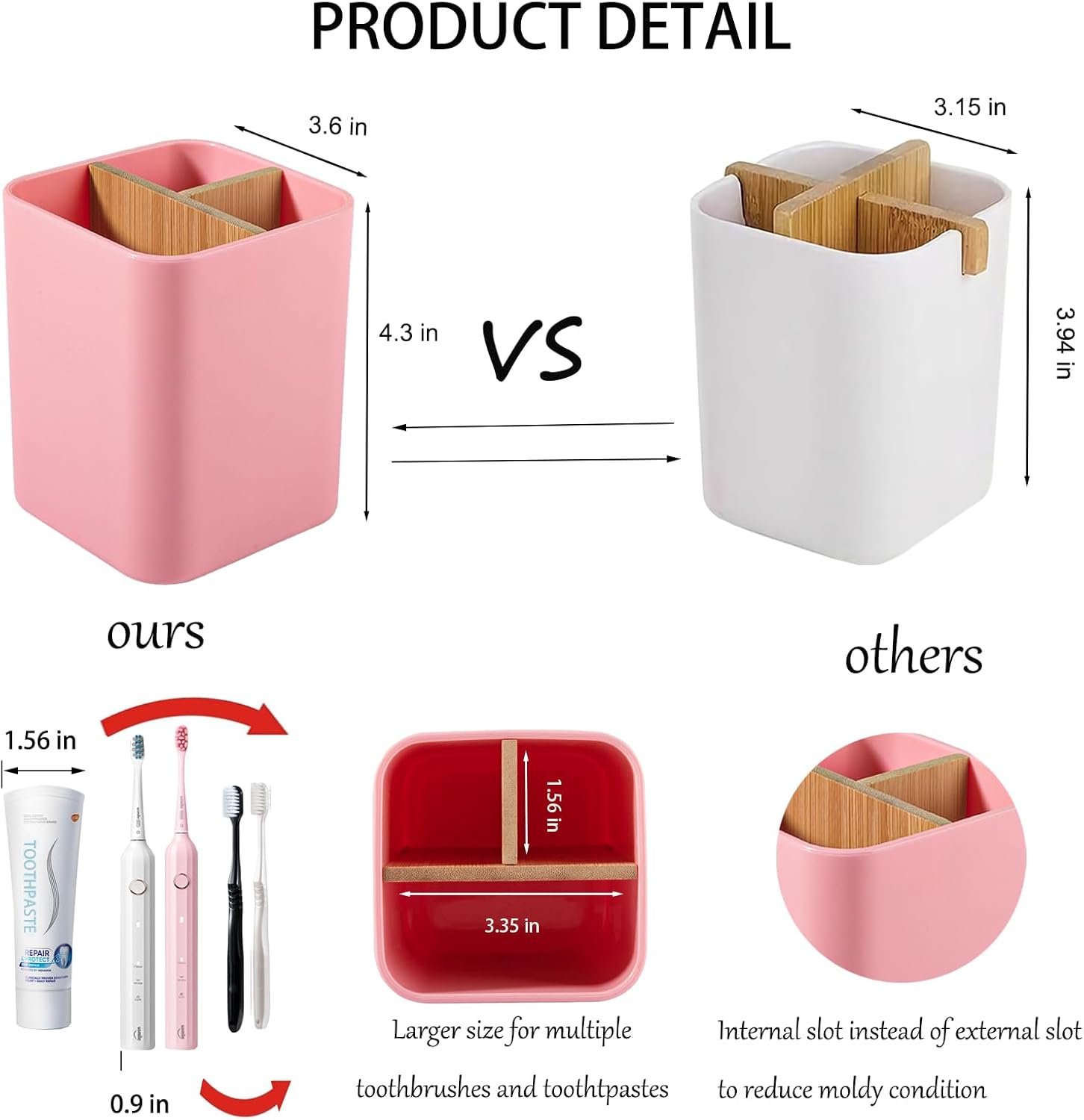 Bamboo Toothbrush Holder with 3 Slots - Pink