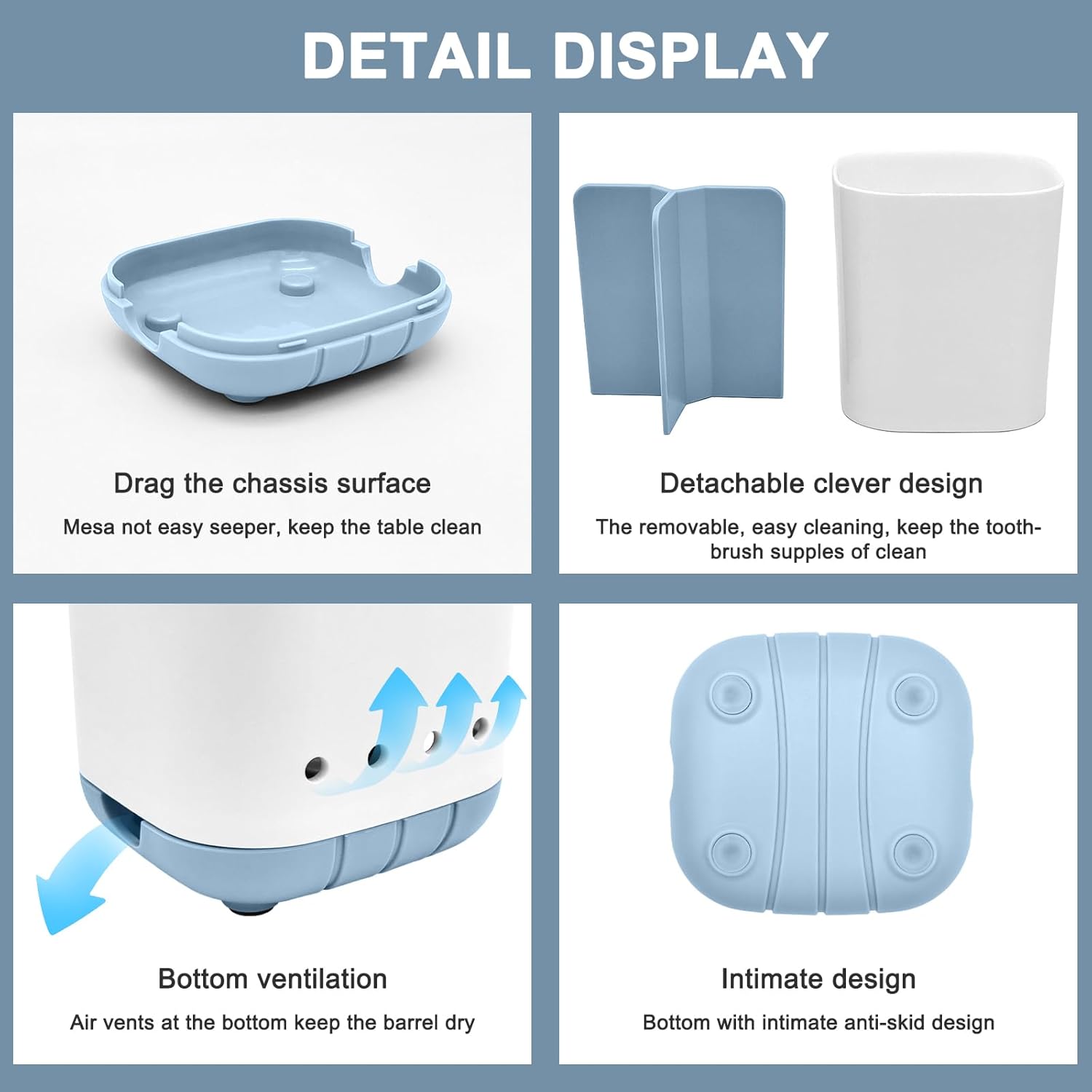 Scartink Toothbrush Holder 3-Slot Anti-Slip Organizer for Bathroom Blue