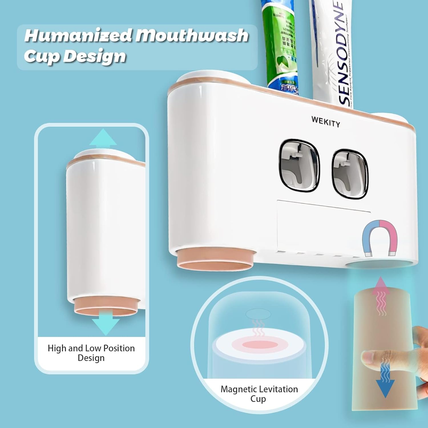 Wekity Wall Mounted Toothbrush Holder with 5 Slots and 4 Cups
