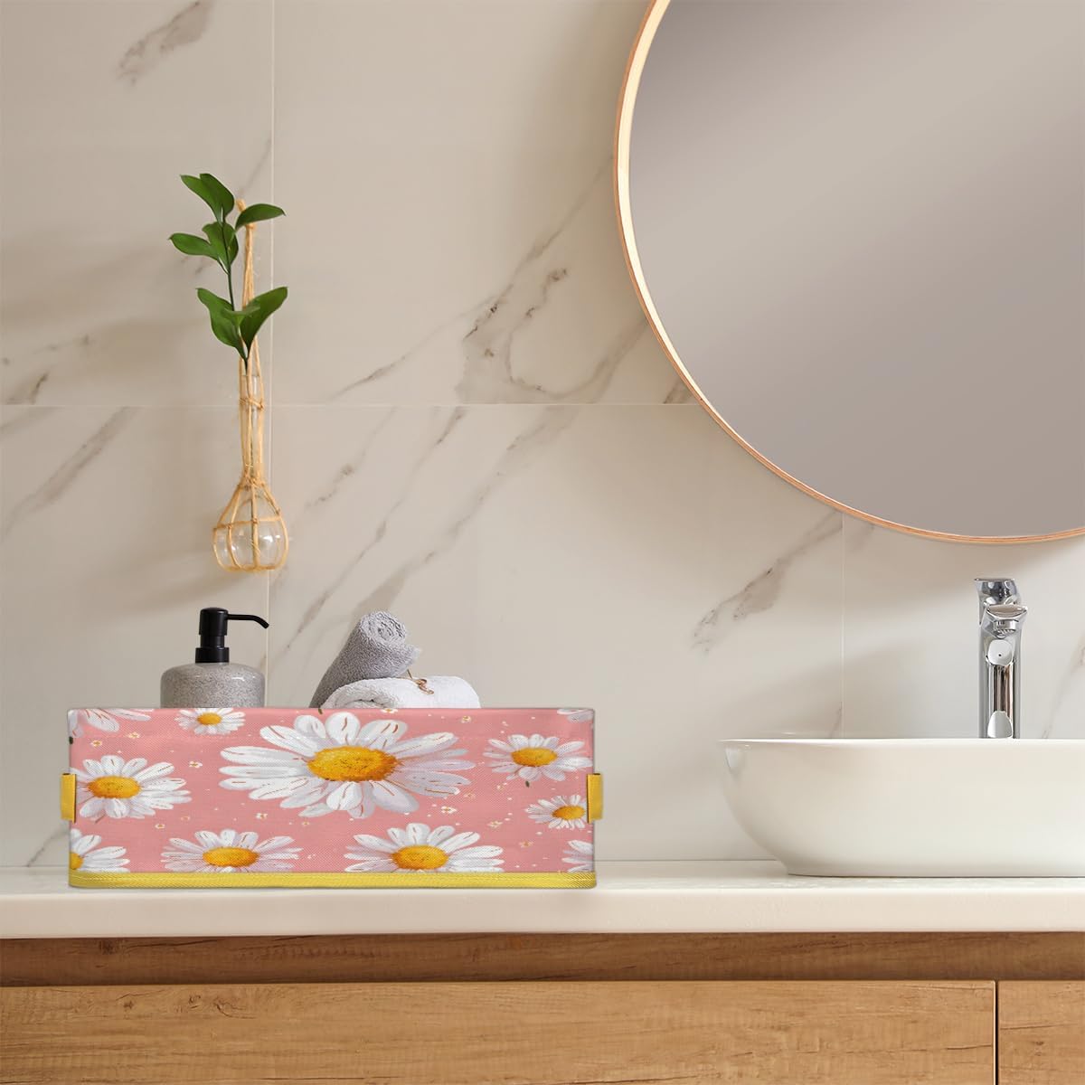 Daisy Spring Flower Toilet Paper Basket with Handle for Bathroom Storage