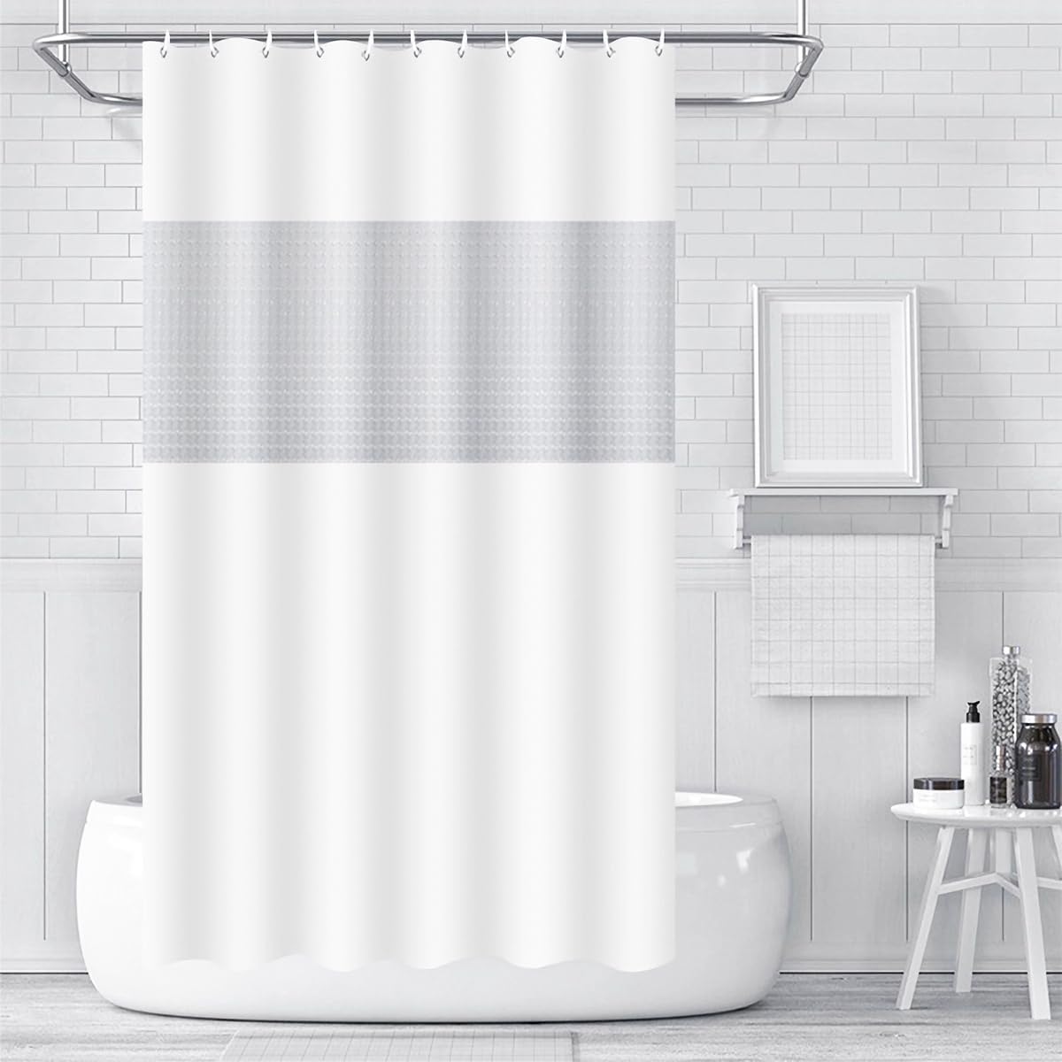 Timecity White Shower Curtain Set with 12 Hooks and Clear Window Liner 1