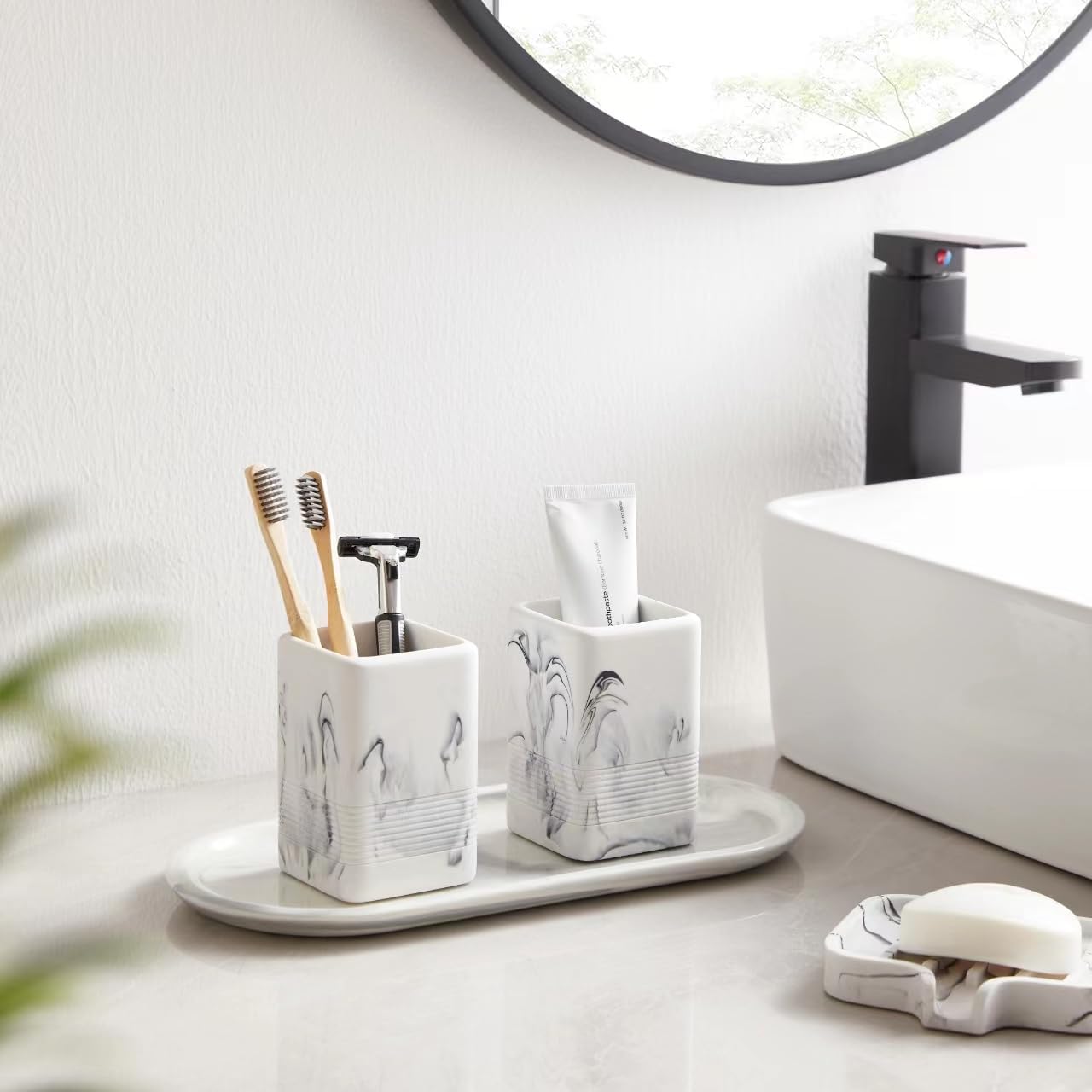 2PCS Resin Toothbrush Holder Set with Marble Design