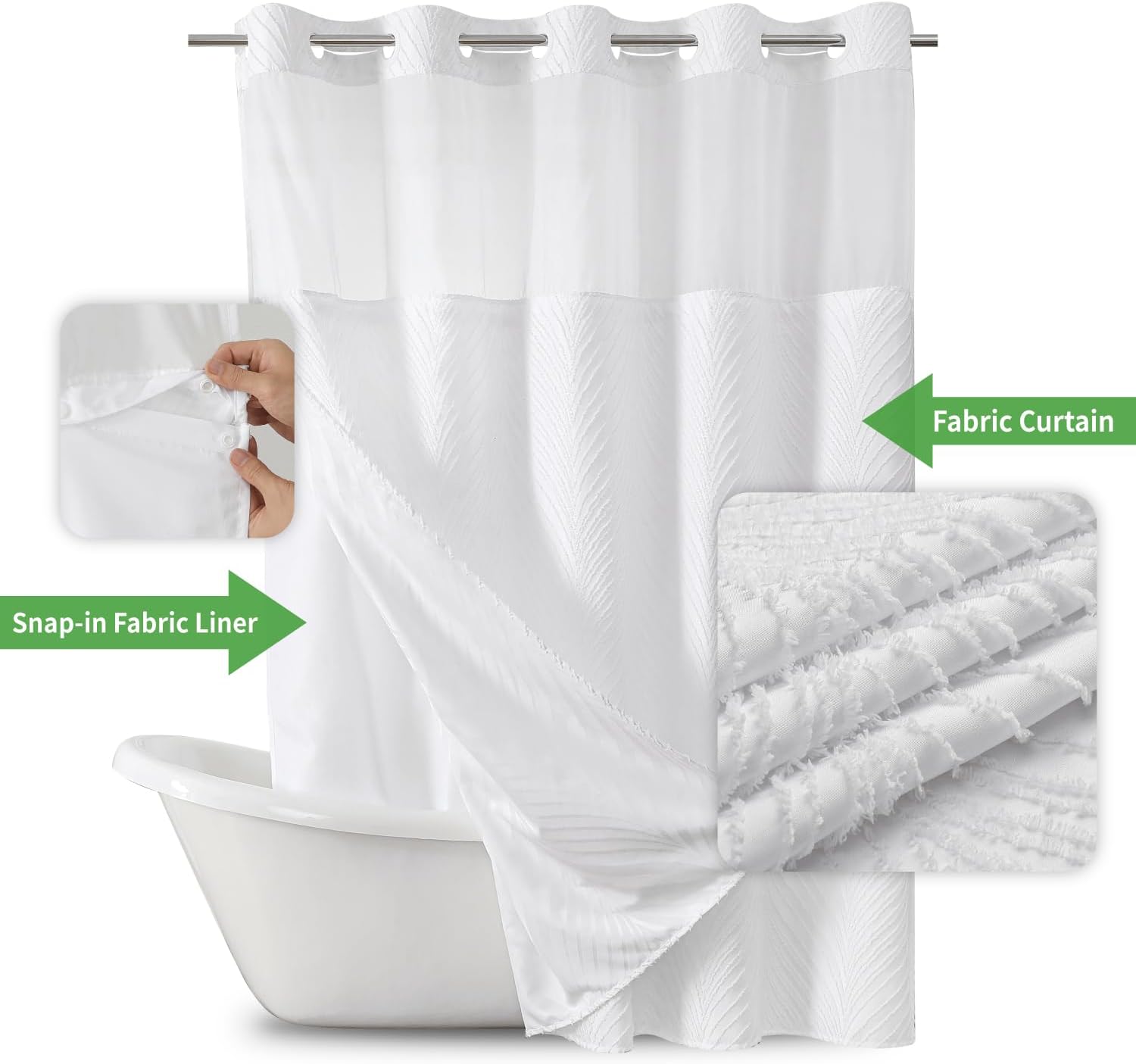 White Boho Shower Curtain Set with Tufted Stripes and Snap Liner