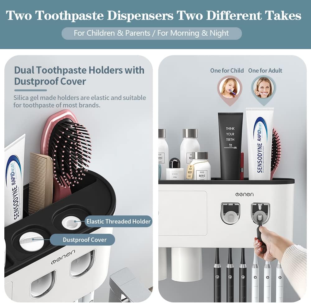 BHeadCat Toothbrush Holder with 2 Toothpaste Dispensers and 6 Brush Slots