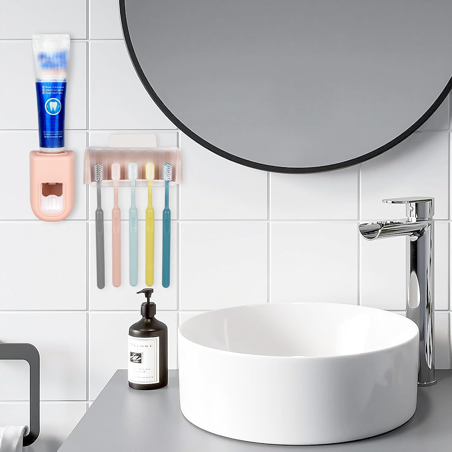 5 Slots Wall Mount Toothbrush Holder with Cover and Dispenser Pink