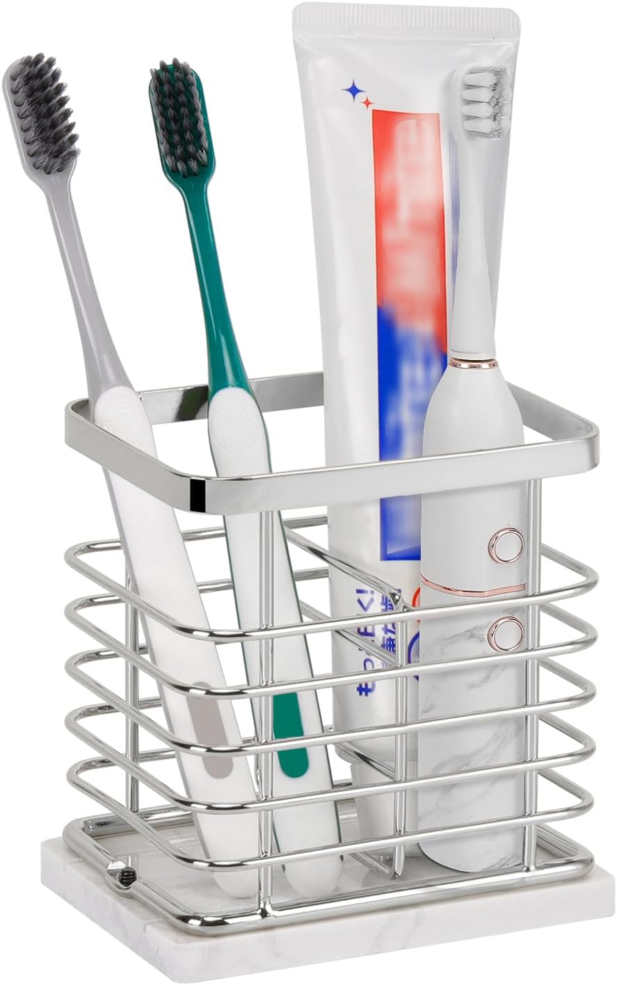 HarJue Toothbrush Holder with Marble Base and Chrome Frame 1