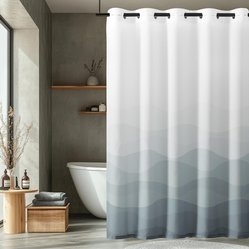 Jinchan Ombre Grey Ocean Wave Shower Curtain with 12 Hooks 70x72 Inches