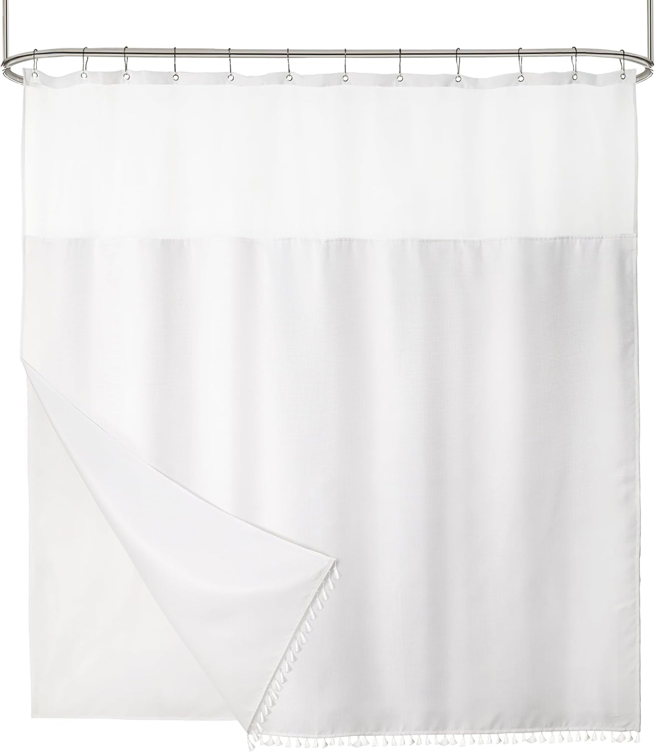 Riyidecor White Tassel Waffle Shower Curtain Set