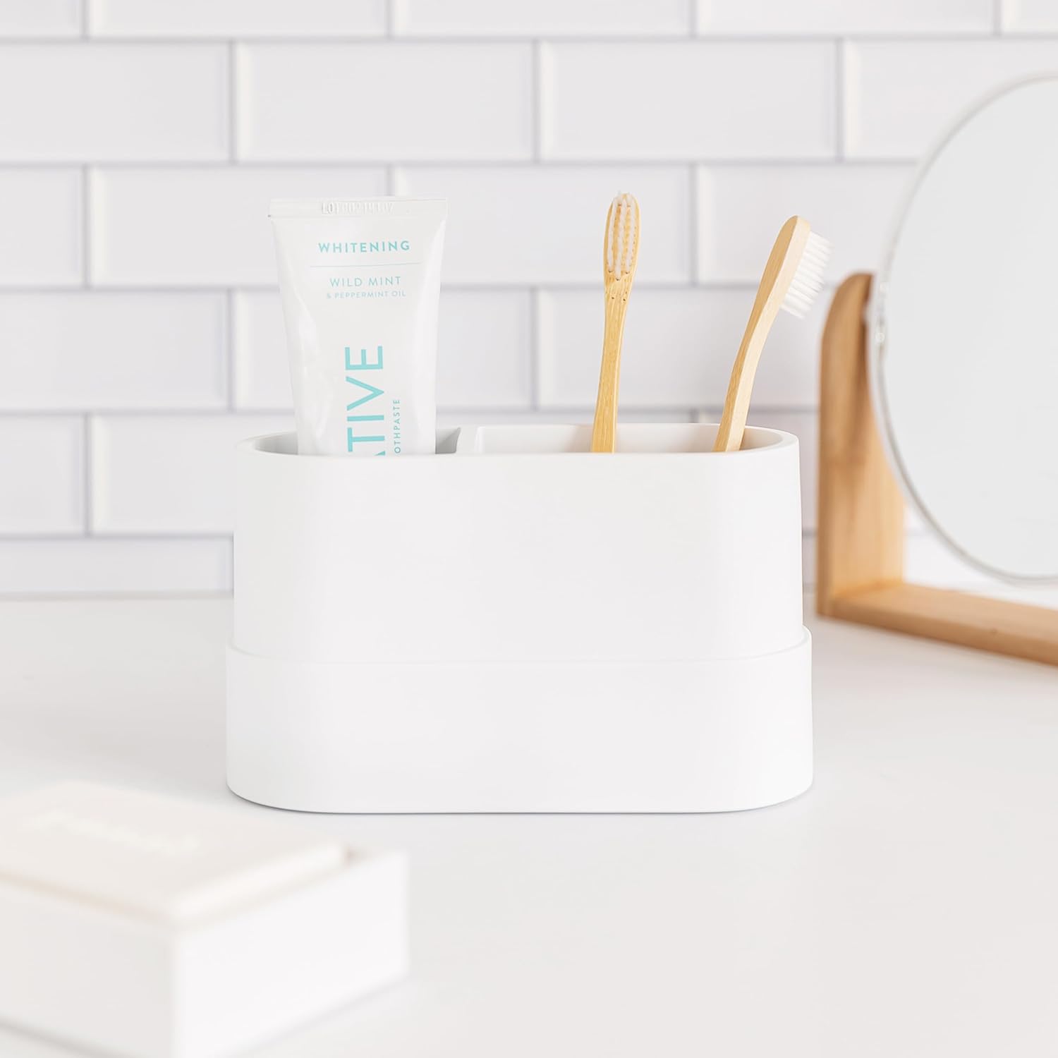 Matte White Toothbrush and Toothpaste Holder with 2 Compartments