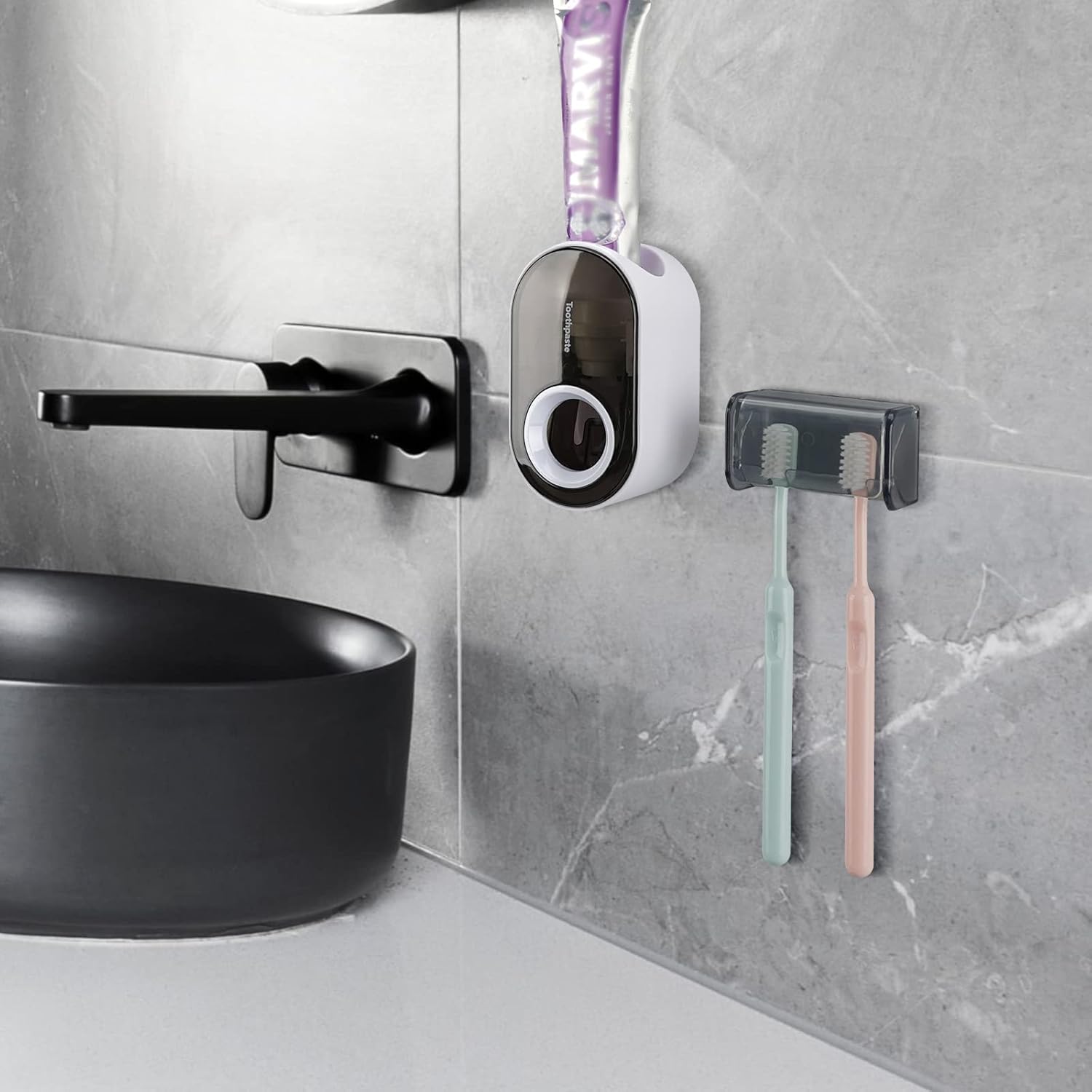 Toothbrush Holder with Cover and Squeezer - Grey