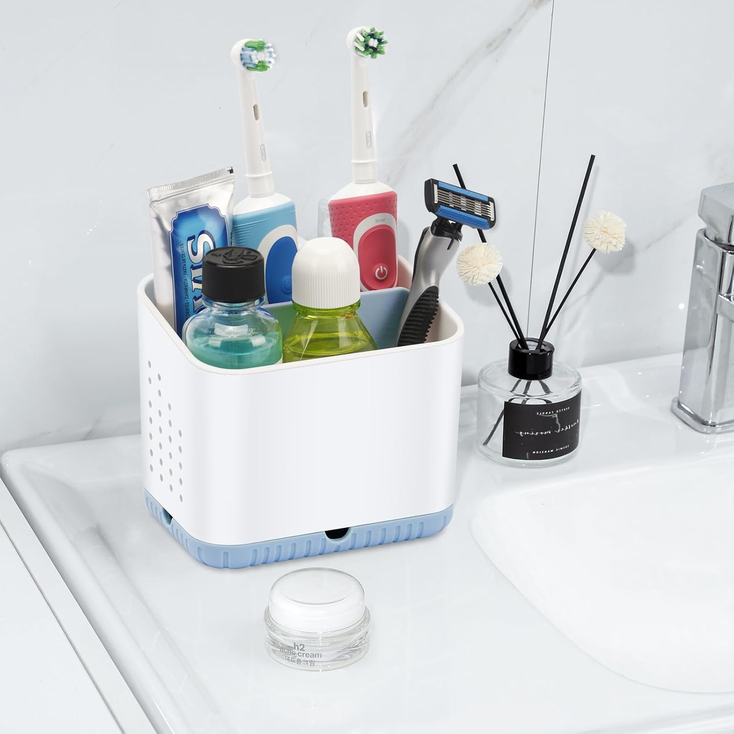 PARKMANI 4 Slots Toothbrush Holder for Bathroom Organizer Non-Slip Drainage Blue