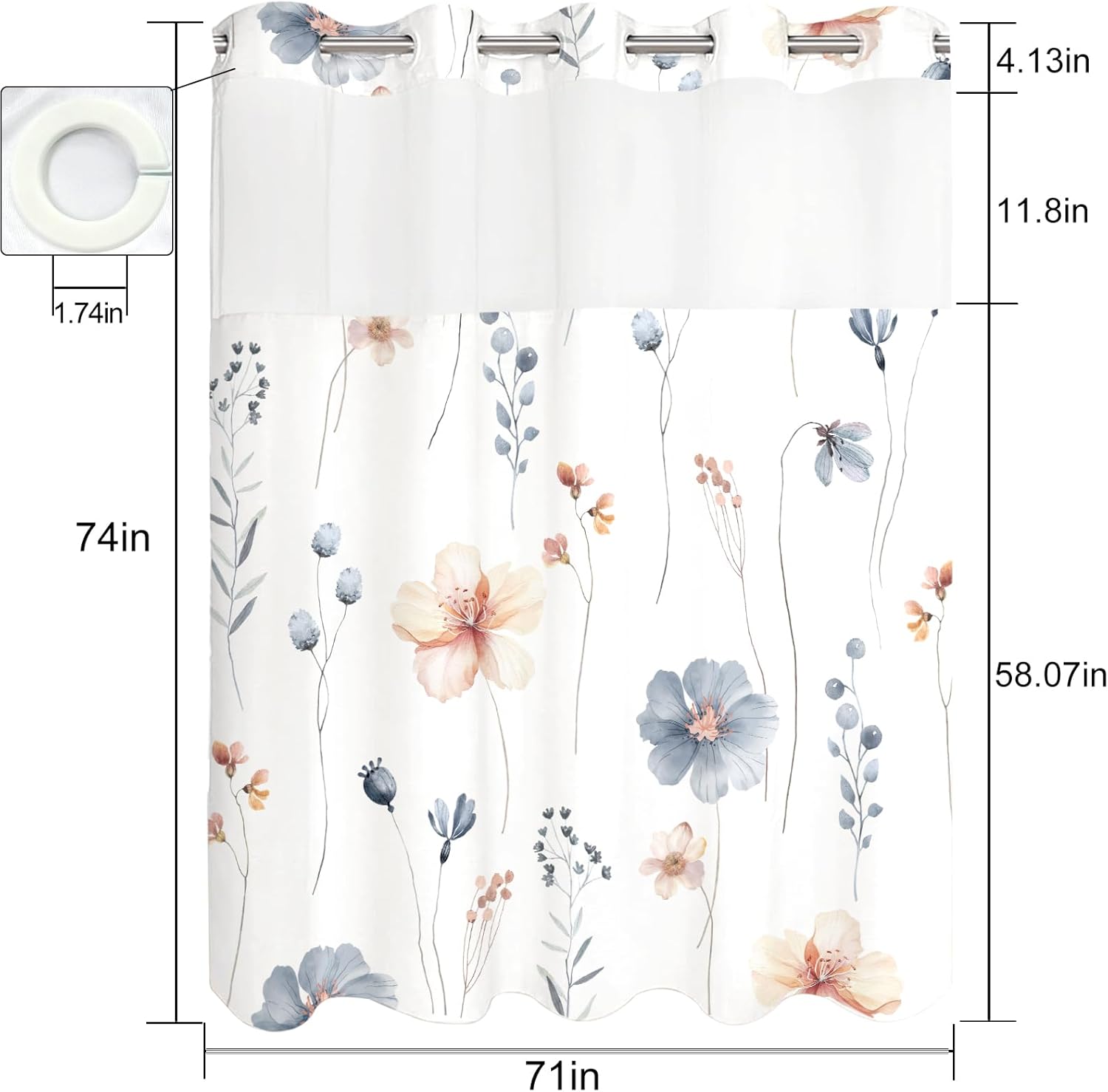 Fungarth No Hook Shower Curtain Set with Floral Design