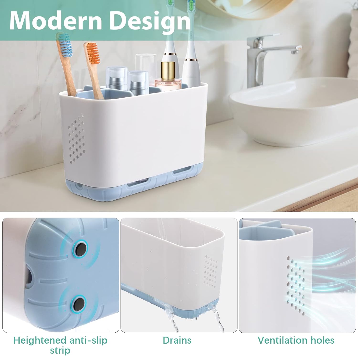 Boperzi 6-Slot Toothbrush Holder with Drainage and Anti-Slip Design