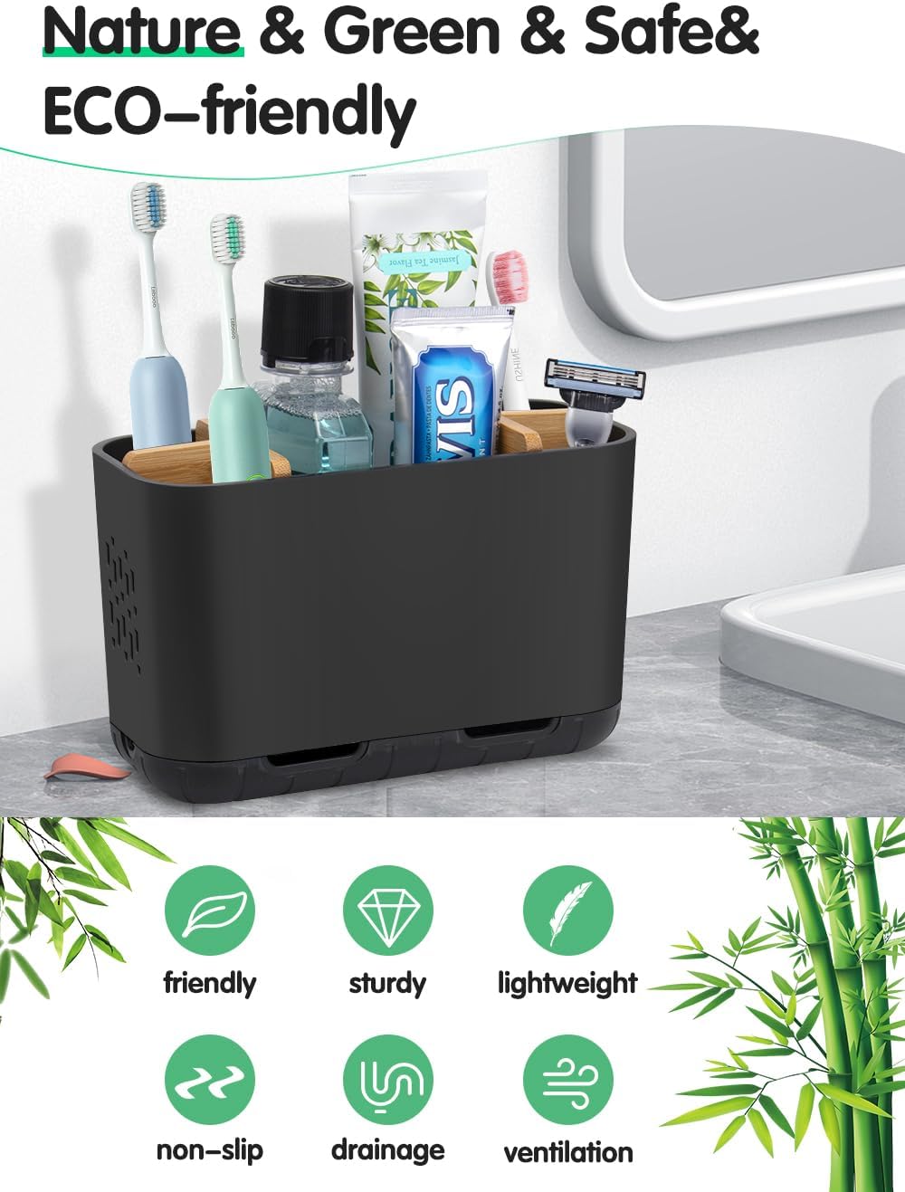 GFWARE Matte Black Toothbrush Holder Set with Drainage and Ventilation