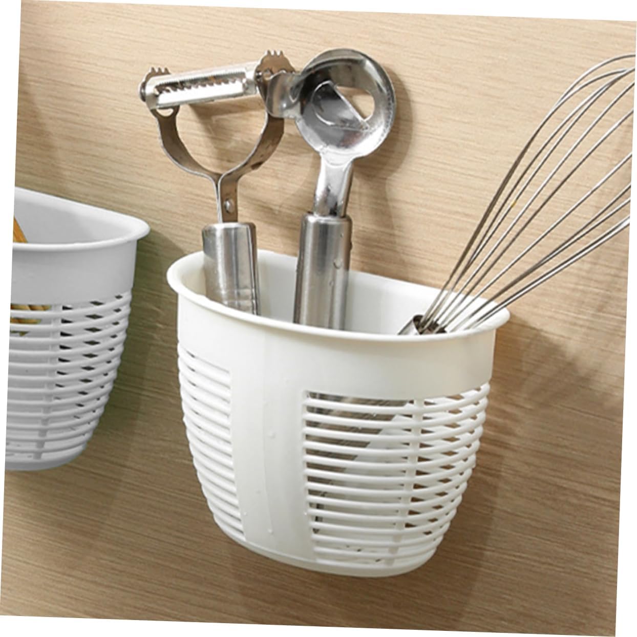 NAMOARLY 4pcs White Wicker Shower Storage Basket Drill-Free Wall Organizer