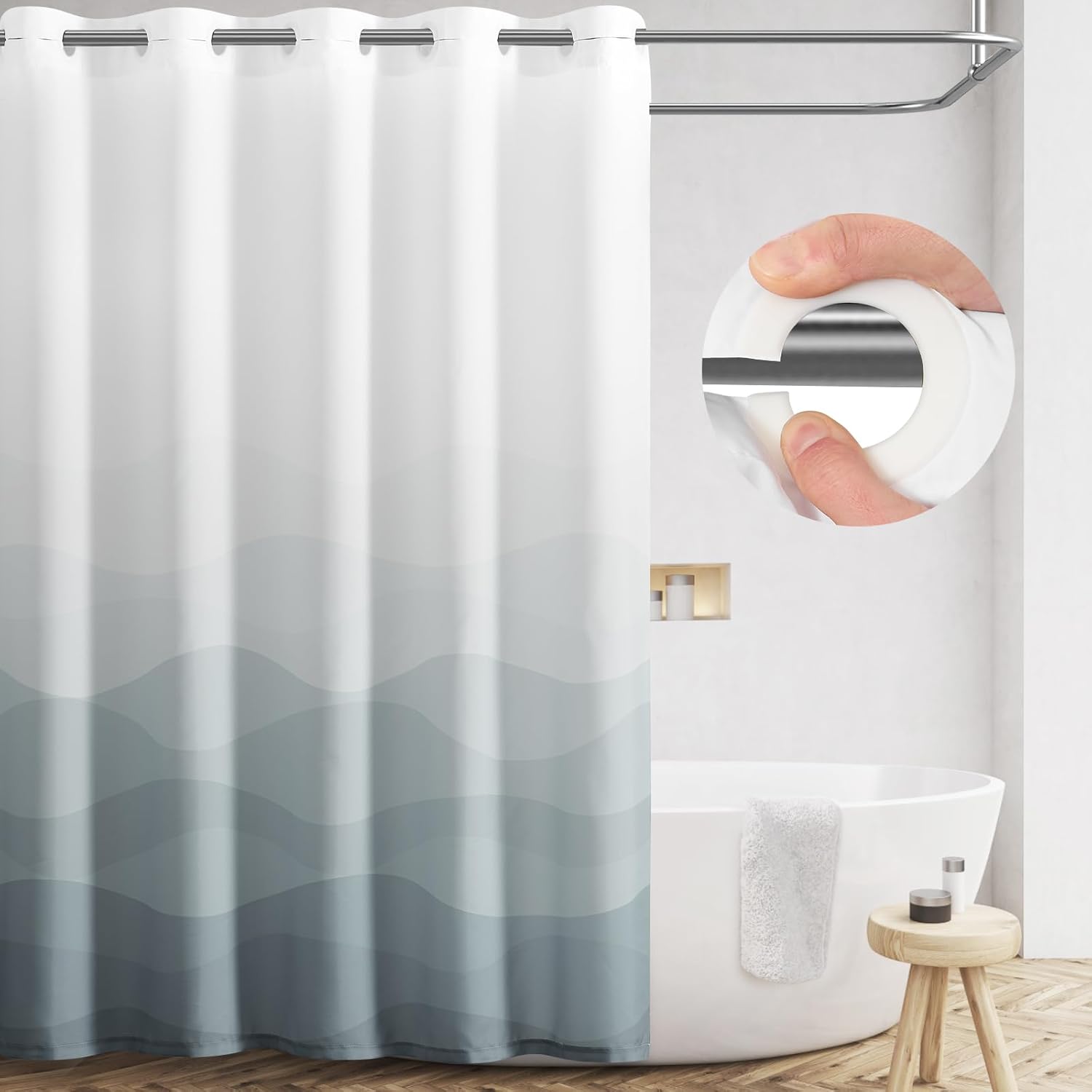 Jinchan Ombre Grey Ocean Wave Shower Curtain with 12 Hooks 70x72 Inches