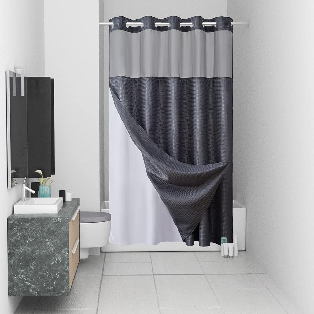 Furlinic No Hook Waffle Weave Shower Curtain Set Dark Grey 54x80 Inch