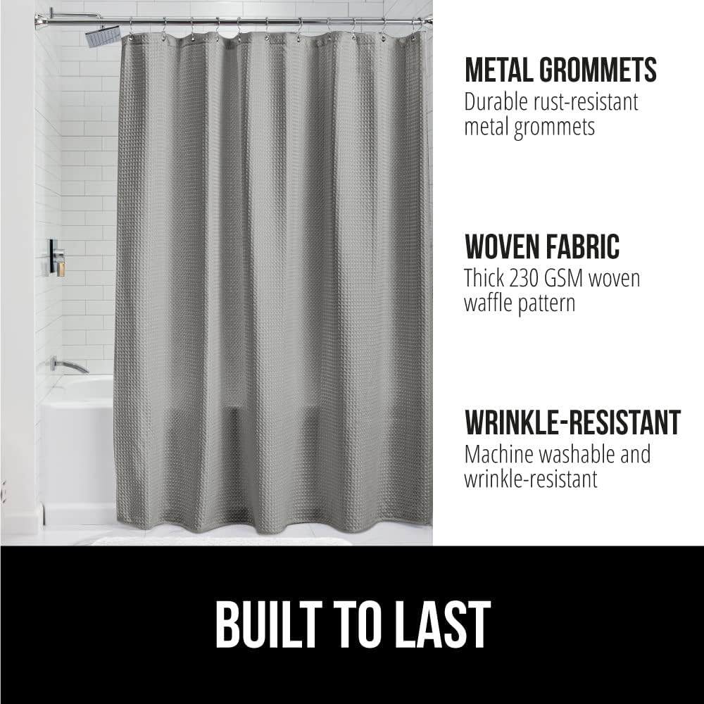 Gorilla Grip Bath Mat Set and Waffle Shower Curtain Bundle in Gray