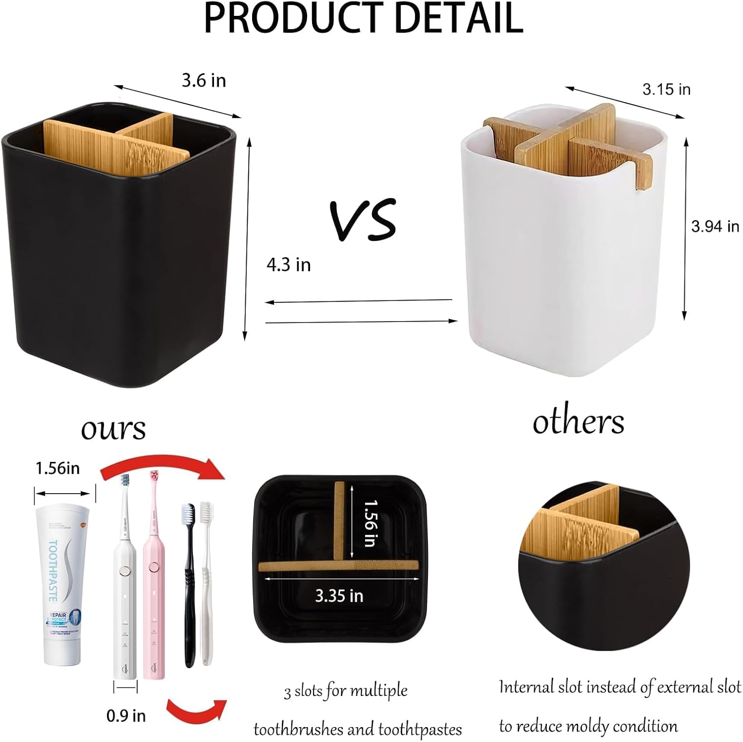 Heagoale Bamboo Toothbrush Holder with 3 Slots 2 Pack Black