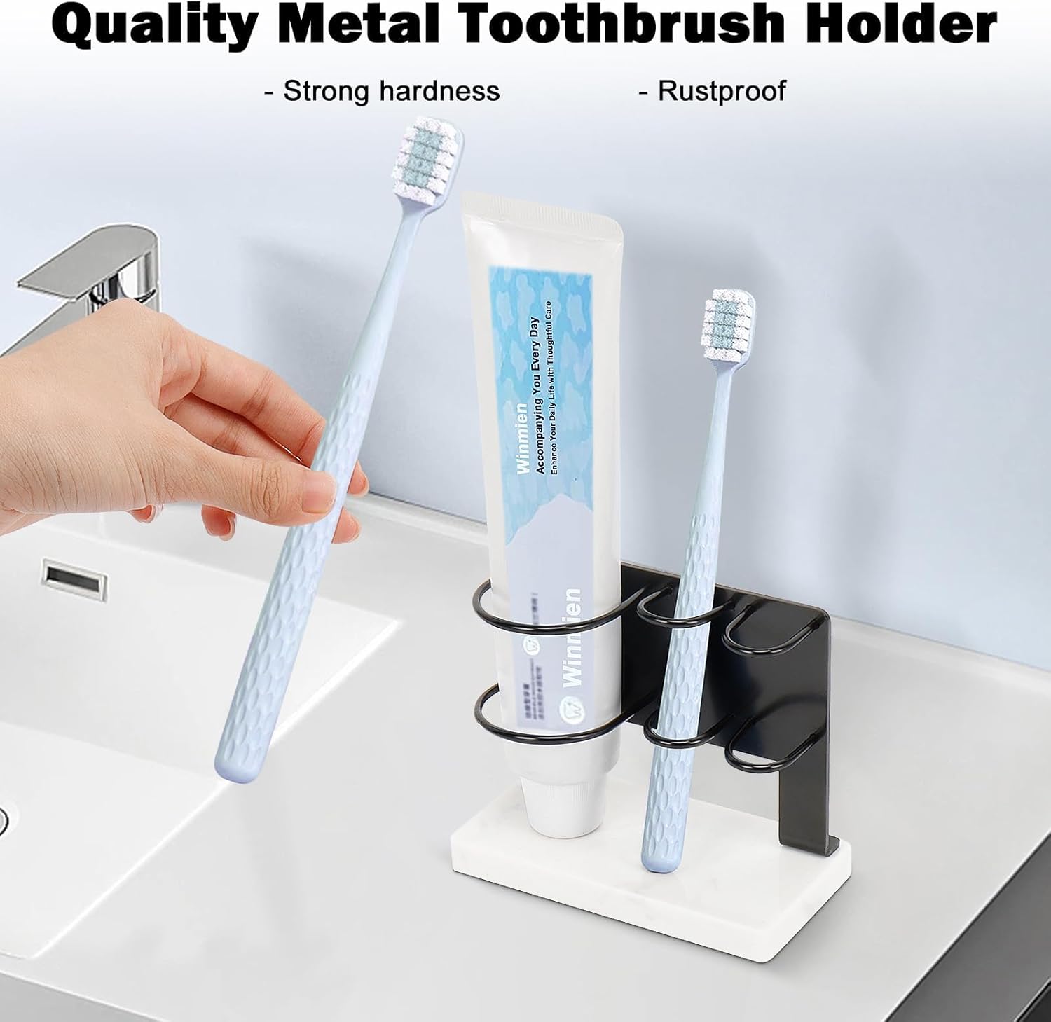 Winmien Toothbrush Holder with Marble Base 3 Slots Matte Black