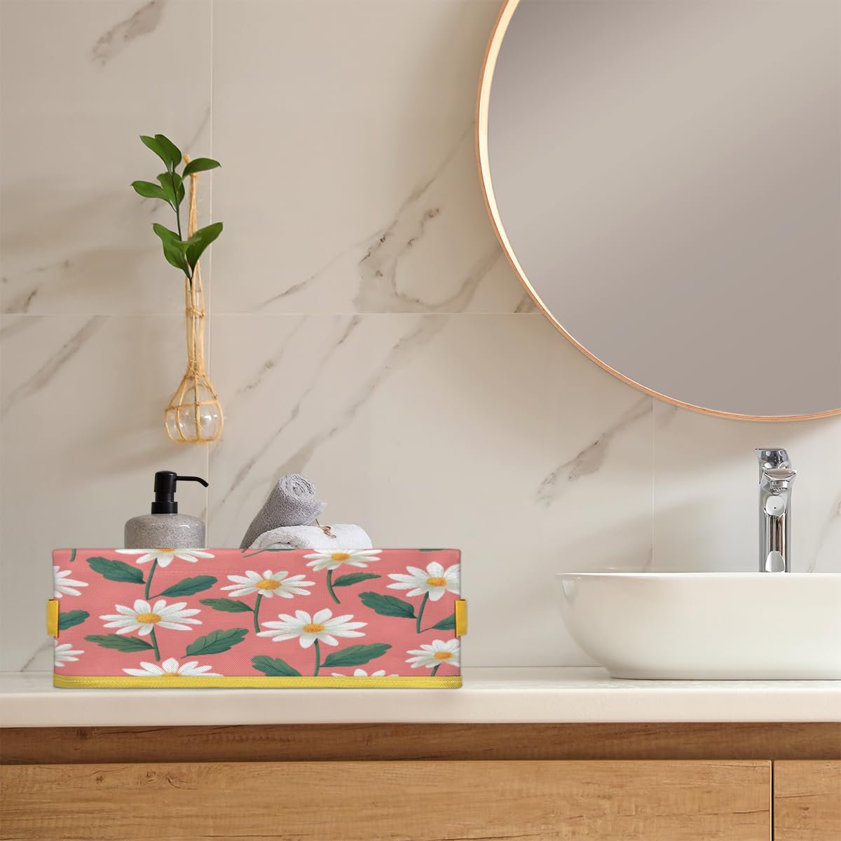 Floral Daisy Toilet Paper Basket with Handle for Bathroom Storage