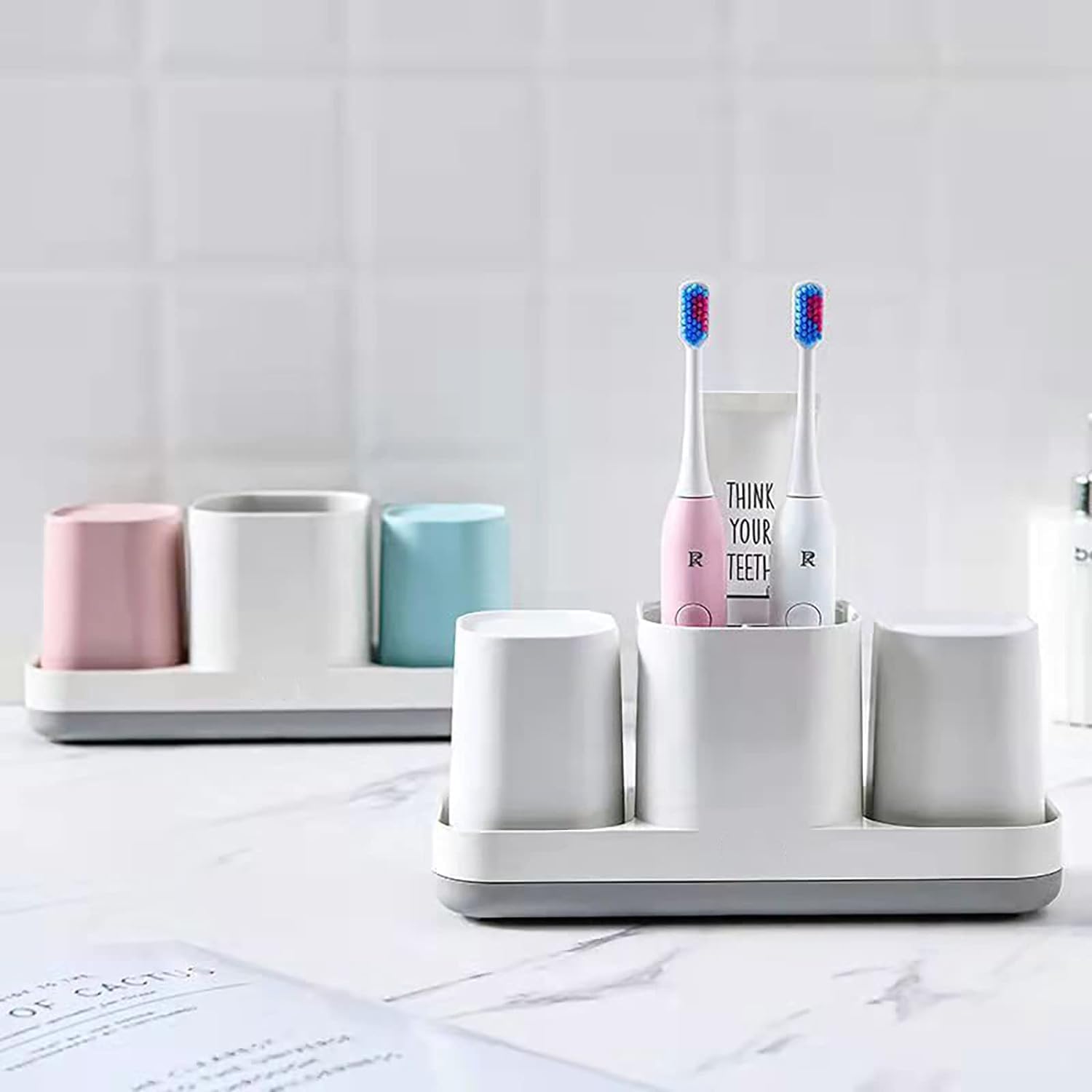 Kids Toothbrush Holder with Pink Blue Cups and Storage