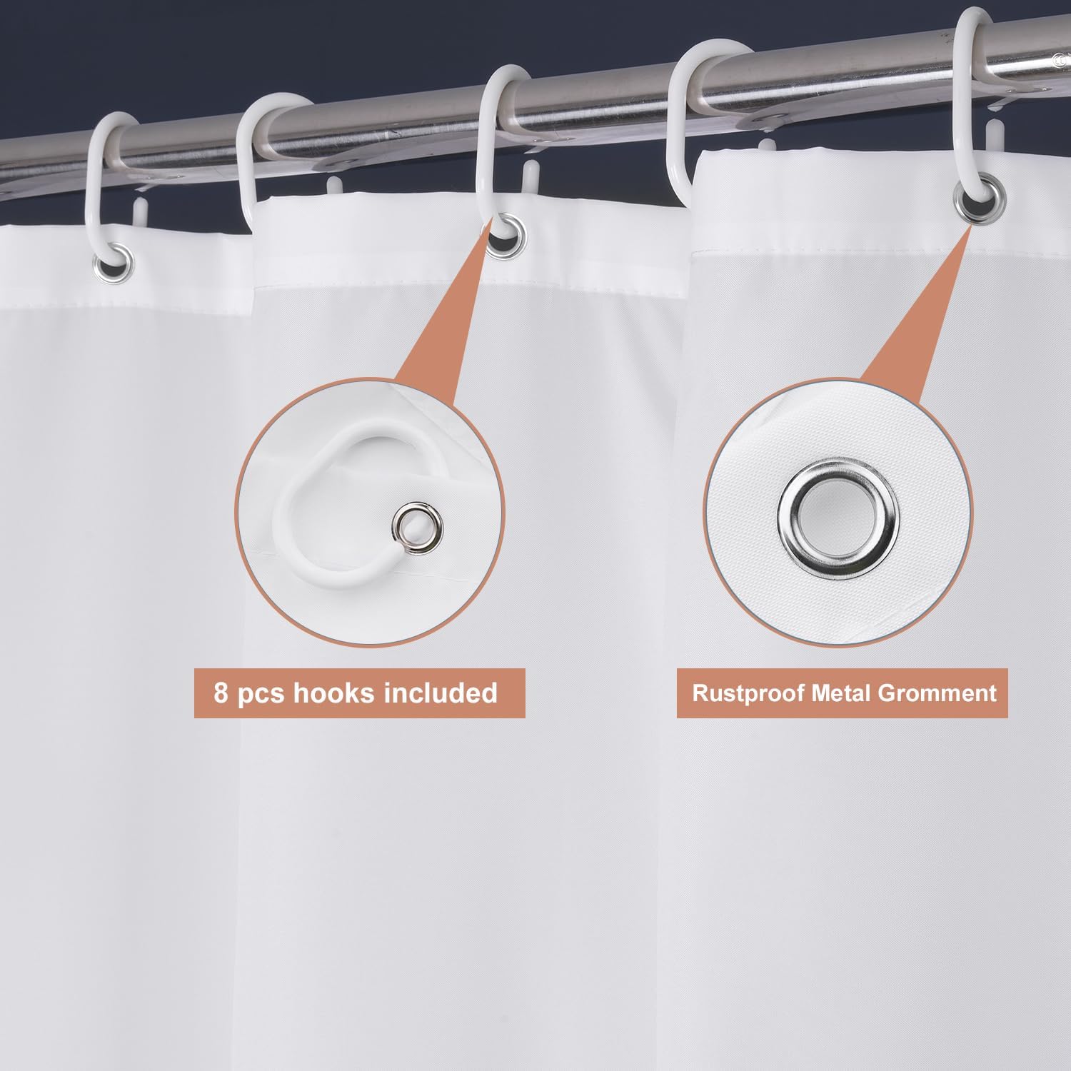 UFRIDAY 48x72 Inch White Shower Curtain with 8 Hooks