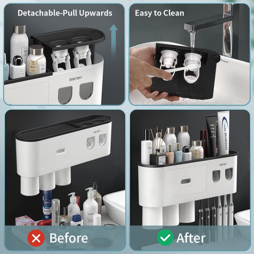BHeadCat Toothbrush Holder with 2 Toothpaste Dispensers and 6 Brush Slots