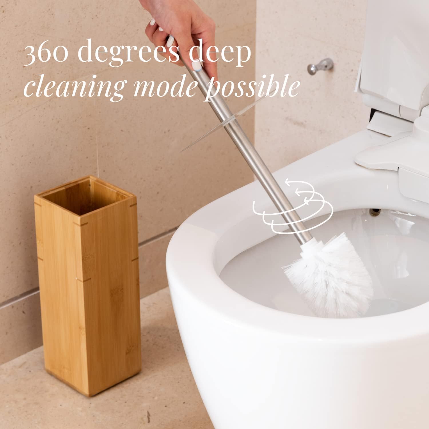 GOBAM Bamboo Toilet Bowl Cleaner with Holder - Hidden Stainless Steel Brush