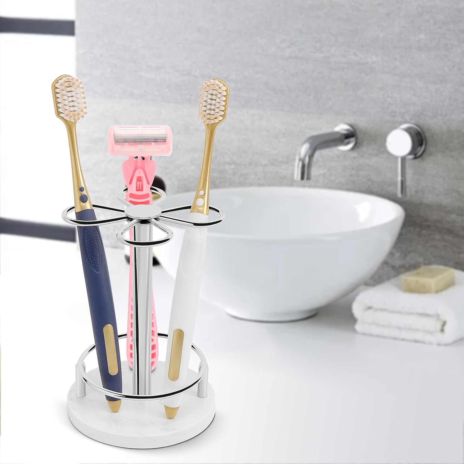 HarJue Chrome Toothbrush Holder with Marble Base