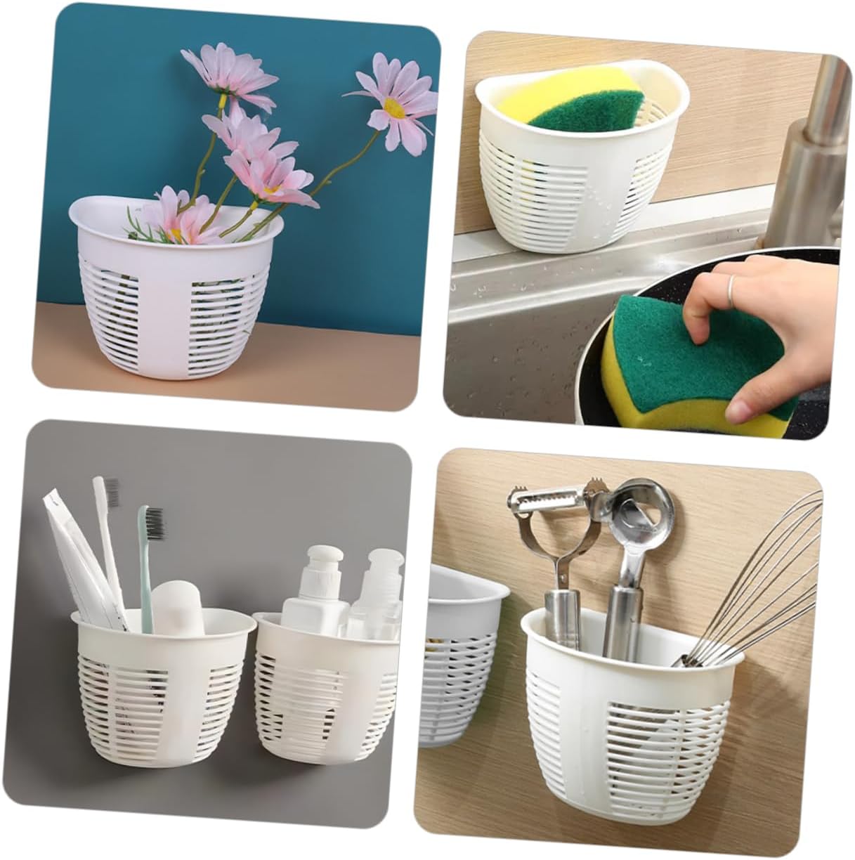 NAMOARLY 4pcs White Wicker Shower Storage Basket Drill-Free Wall Organizer