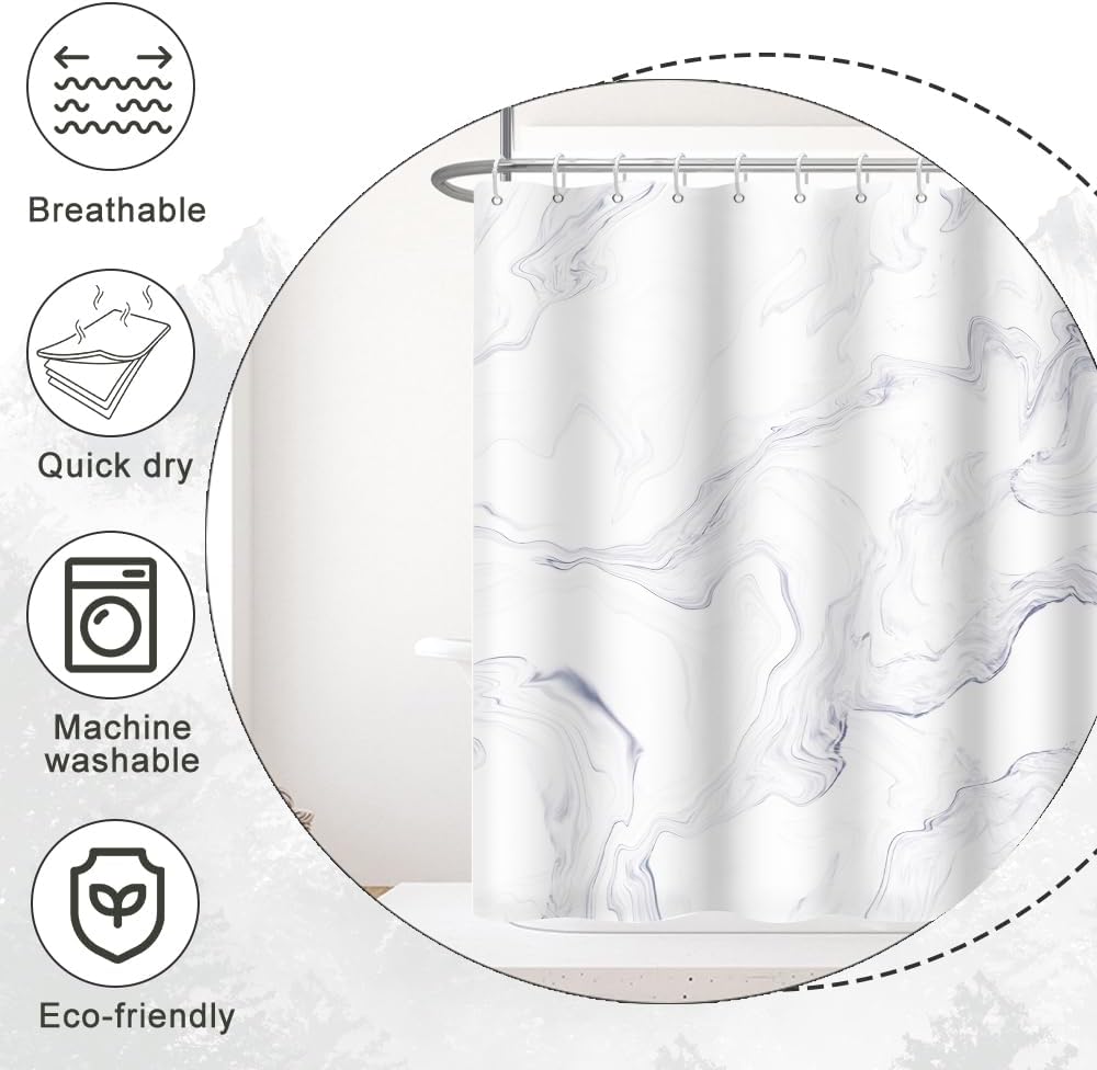 White Marble Shower Curtain Set with Hooks 72x72 Inch