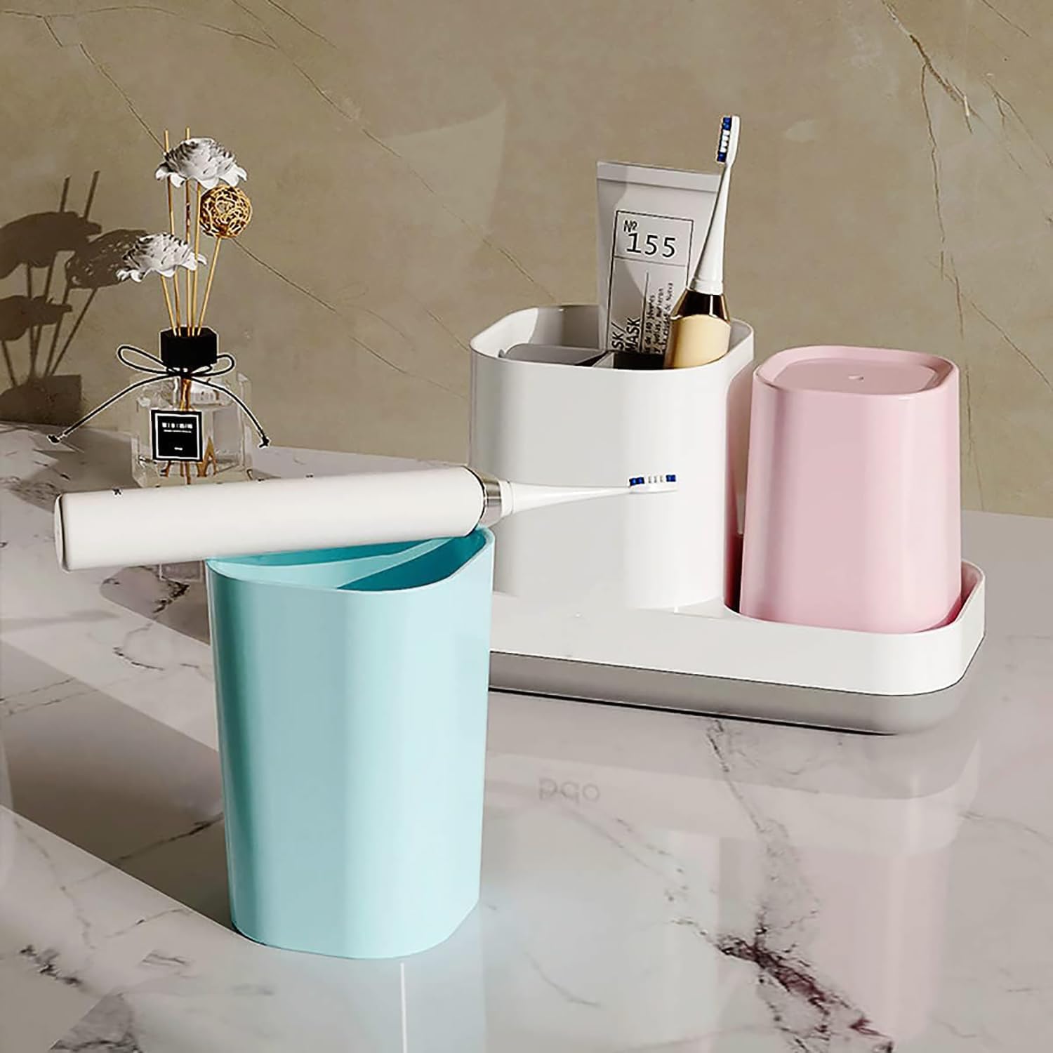 Kids Toothbrush Holder with Pink Blue Cups and Storage