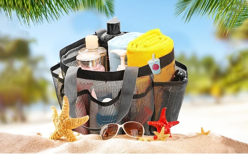 Mesh Shower Caddy Tote Bag with 8 Pockets Black