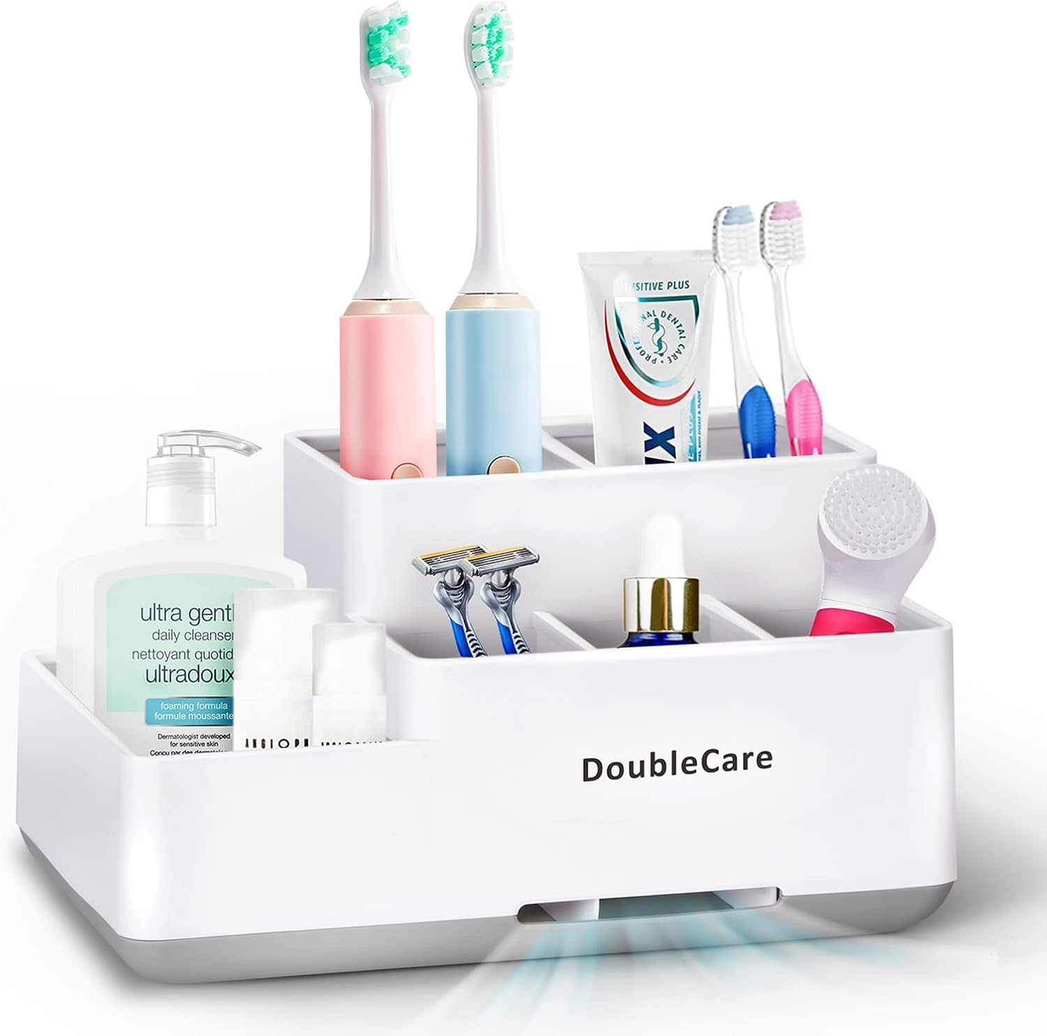 DoubleCare Toothbrush Holder with 5 Compartments Anti-Slip Multifunctional Bathroom Organizer