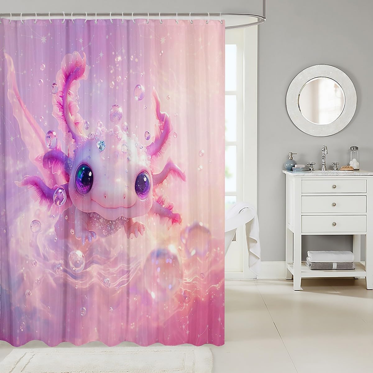 Feelyou Kids Pink Axolotl Shower Curtain Set 72x84 1