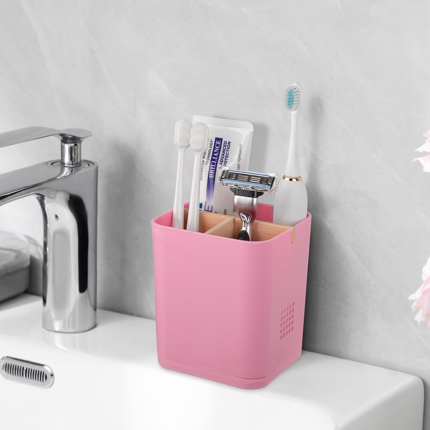 Heagoale Electric Toothbrush Holder with Bamboo Dividers 3 Slots Pink